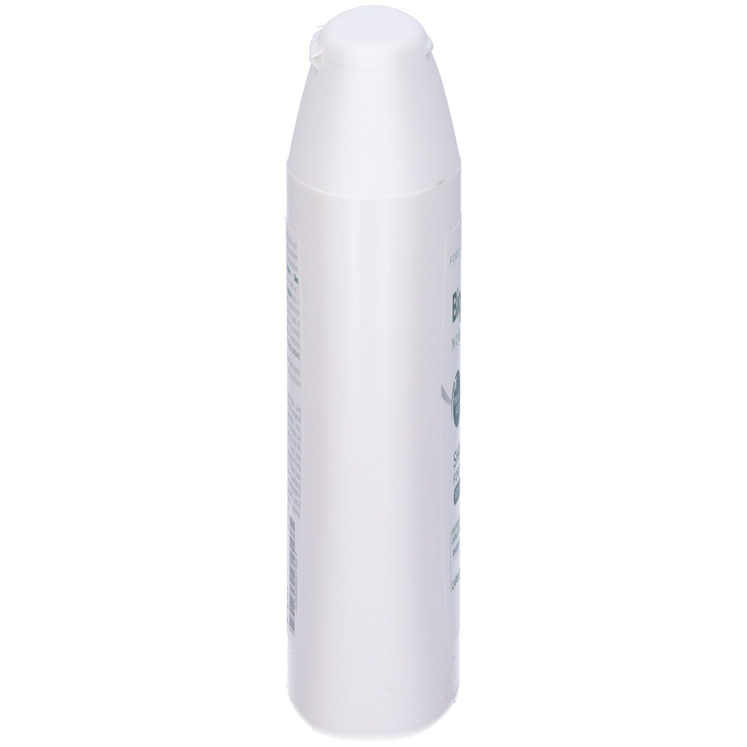 Flacone di shampoo bianco, vista laterale. Forma ovale, tappo bianco. Testo sul flacone.