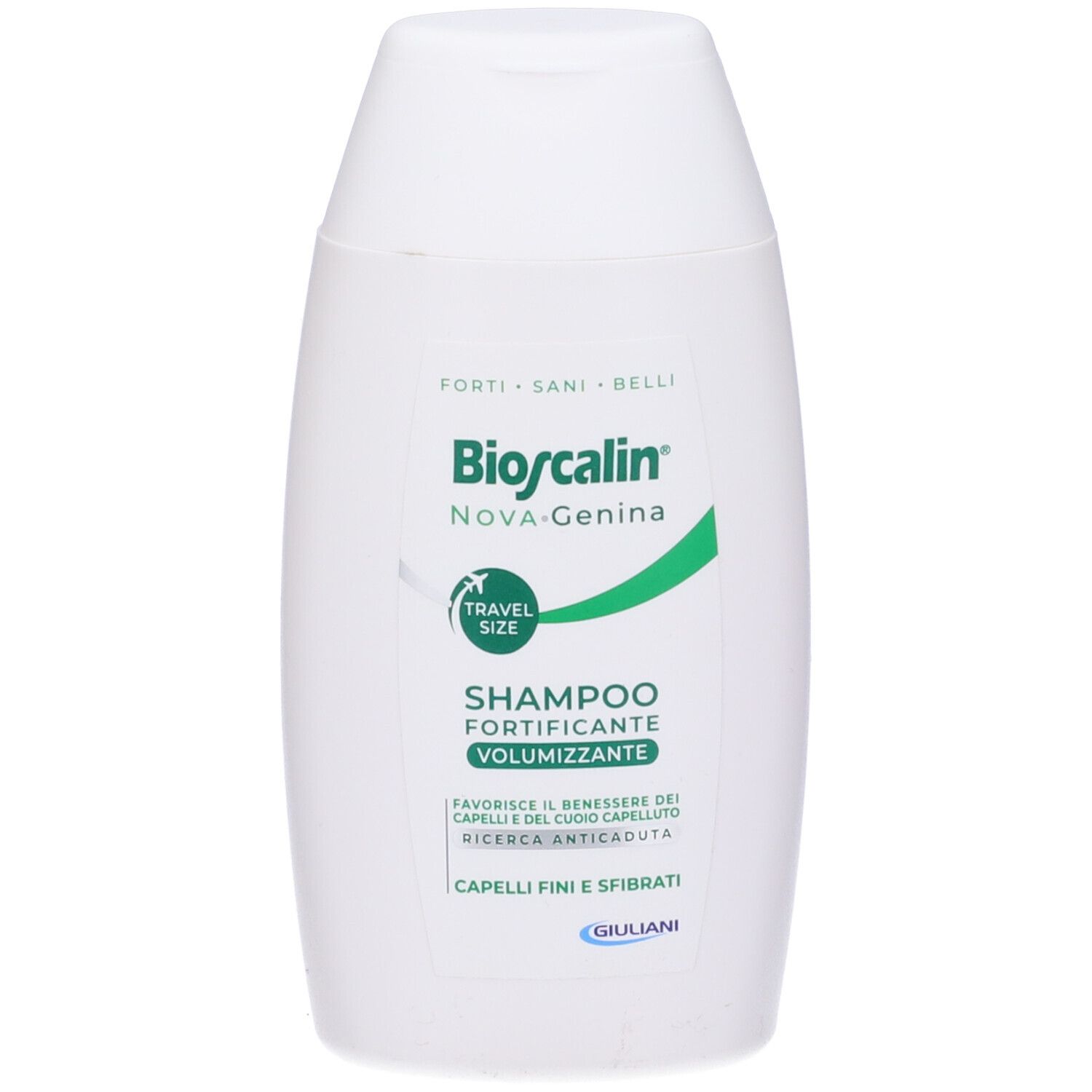 Flacone di shampoo bianco con logo e testo verdi. Scritto: Bioscalin Nova Genina, Shampoo Fortificante Volumizzante. Formato viaggio.