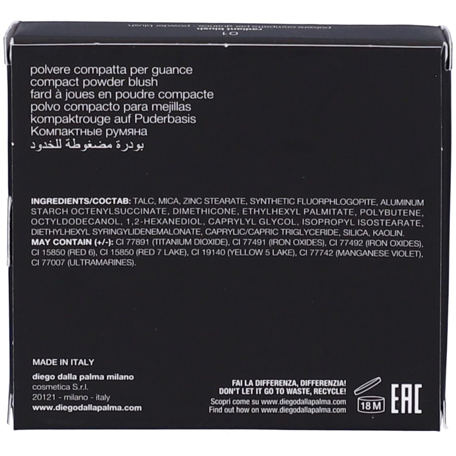 Retro della confezione del blush. Testo: ingredienti, produttore, sito web, indicazioni per il riciclo, simbolo 18M.