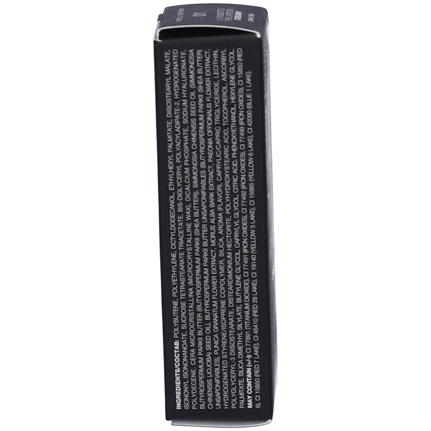 Primo piano degli ingredienti sul lato della confezione del rossetto. Testo in italiano.