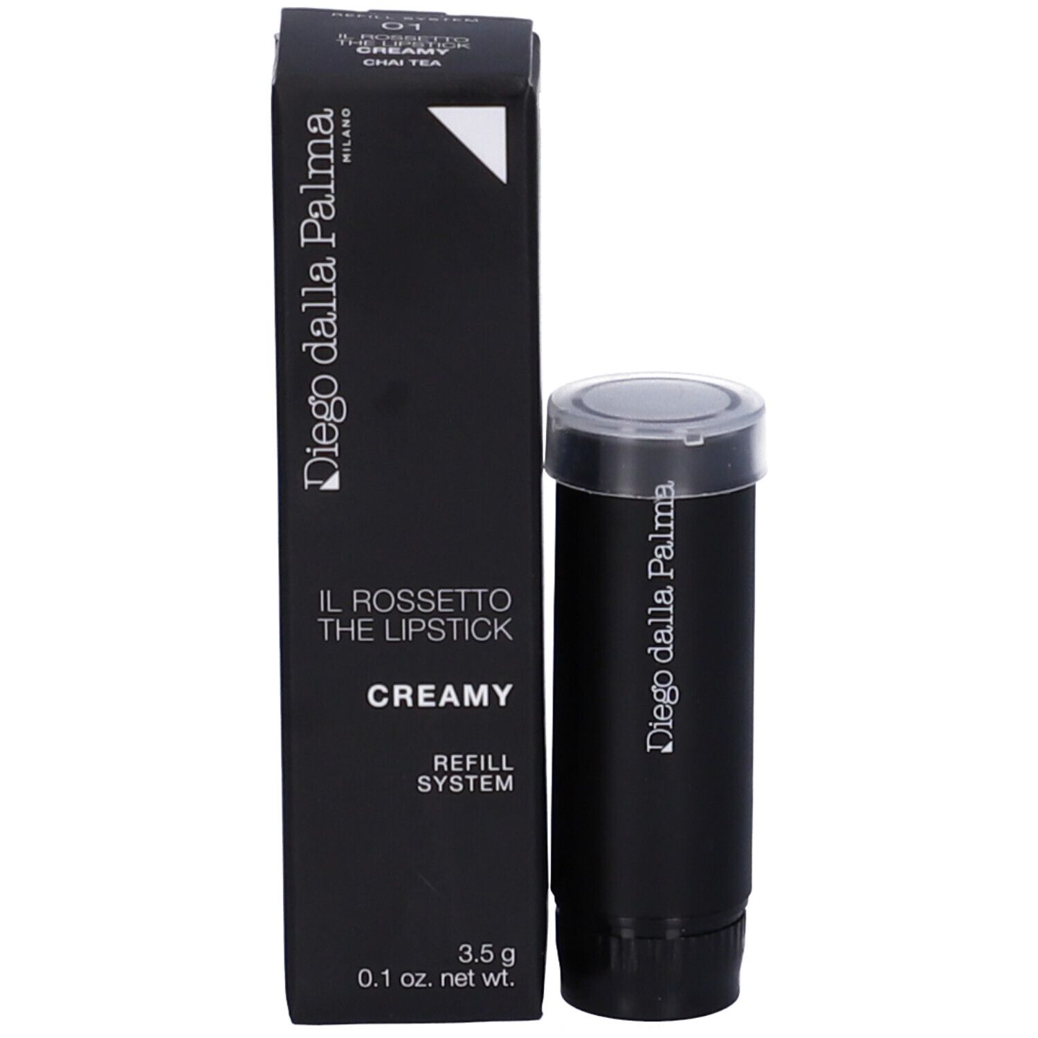 Rossetto nero e confezione. Sulla confezione si legge "Diego dalla Palma" e "Il Rossetto The Lipstick Creamy".
