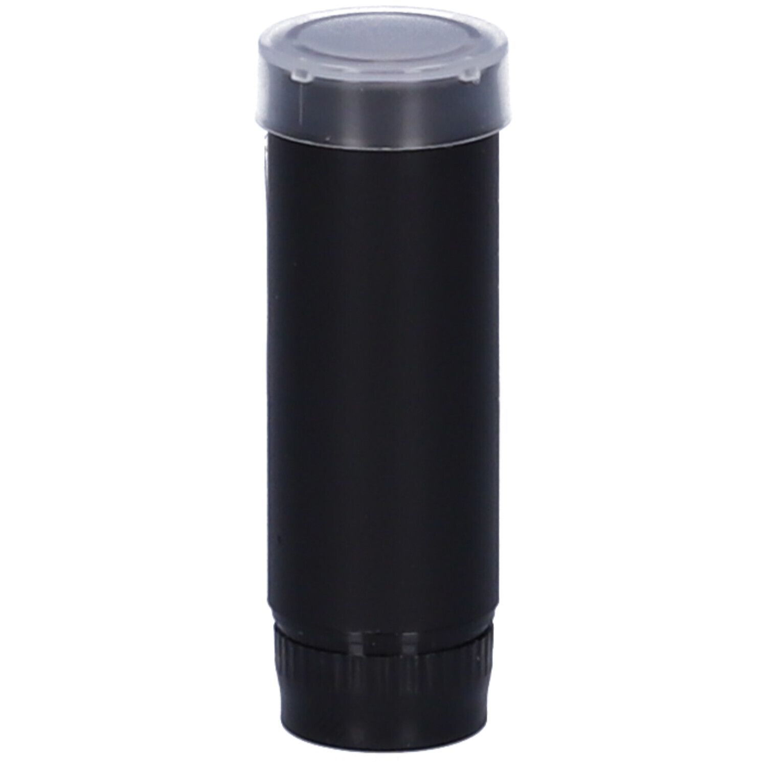 Ricarica rossetto nera con coperchio trasparente.