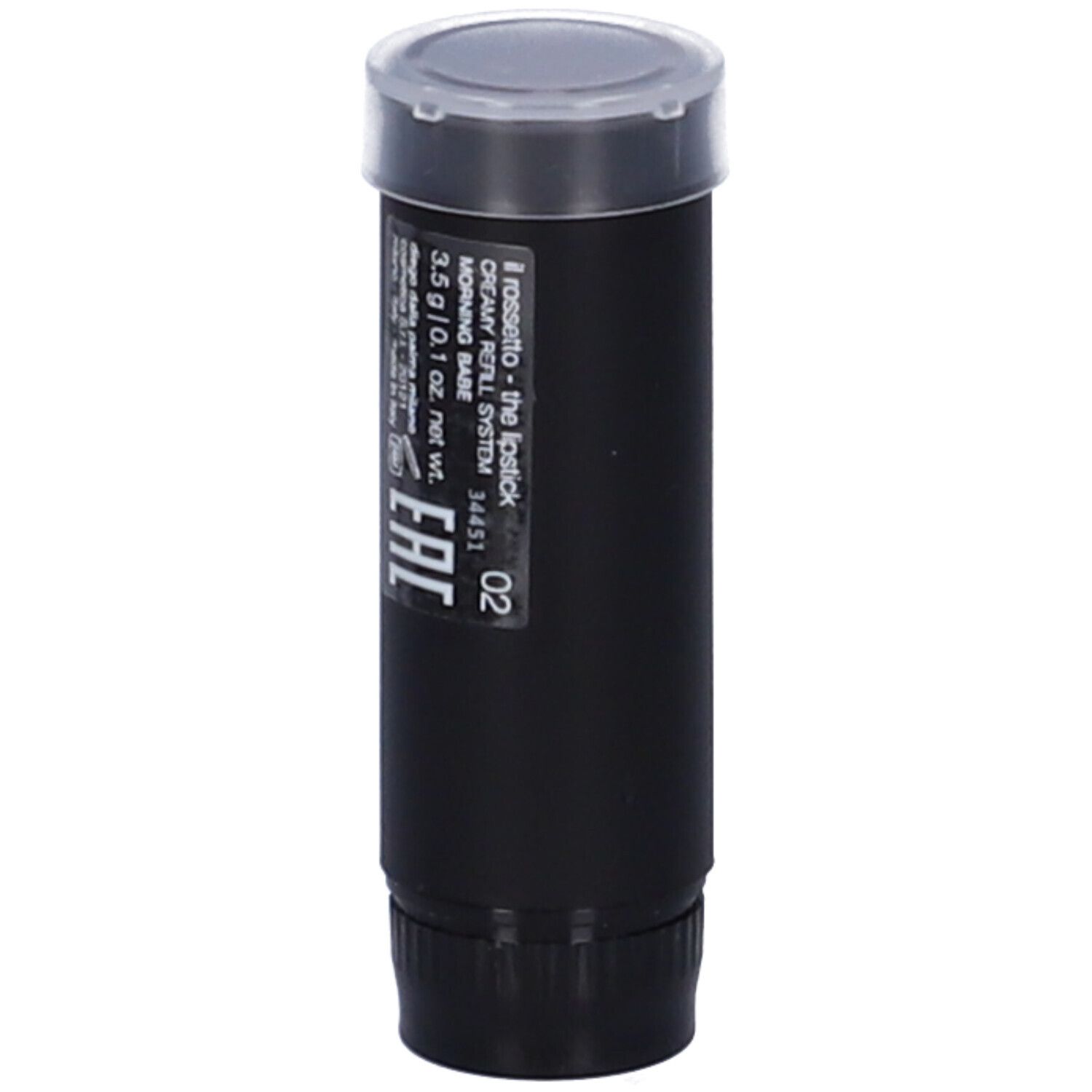 Ricarica rossetto nera con coperchio trasparente. Scritta: dettagli e '02'.