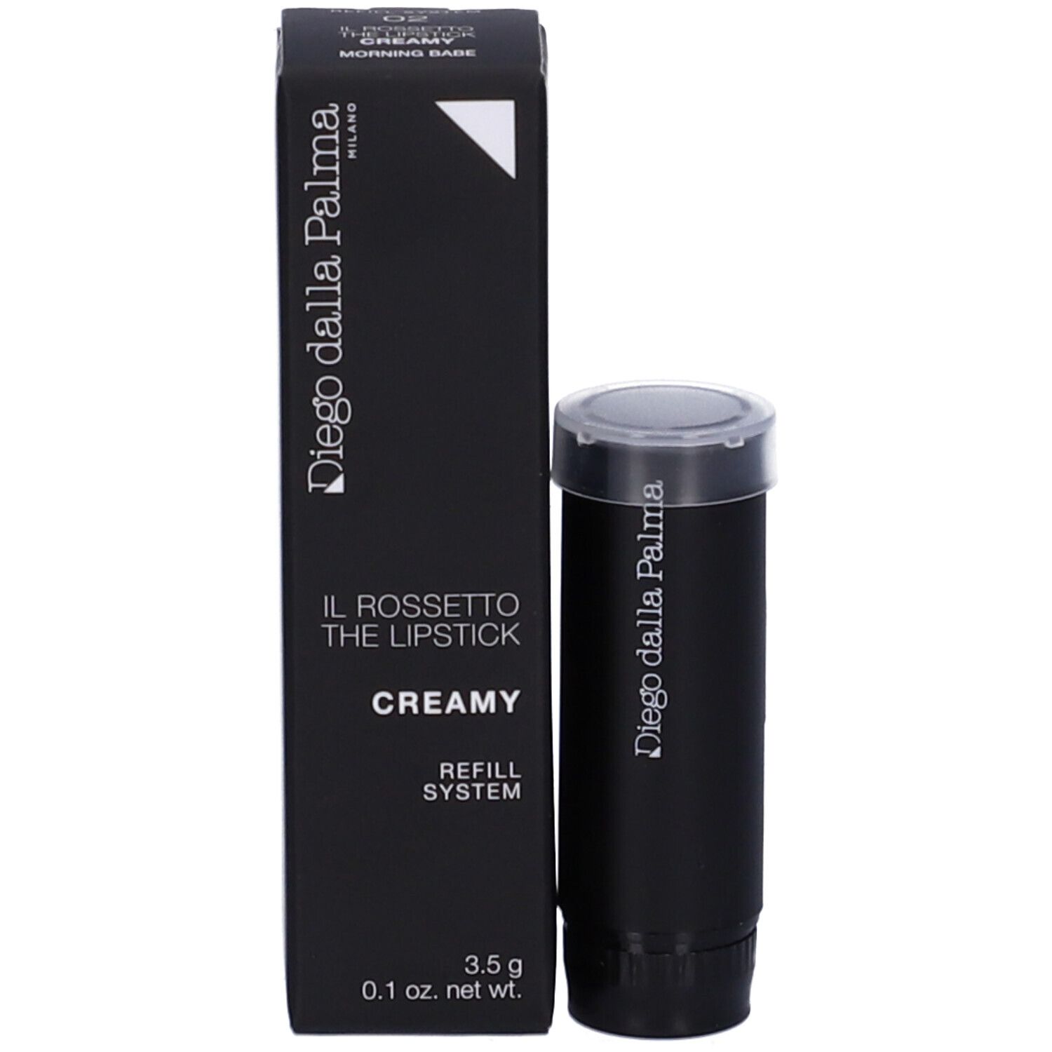 Ricarica rossetto nera e confezione. Scritta: Diego dalla Palma, Creamy, Refill System.