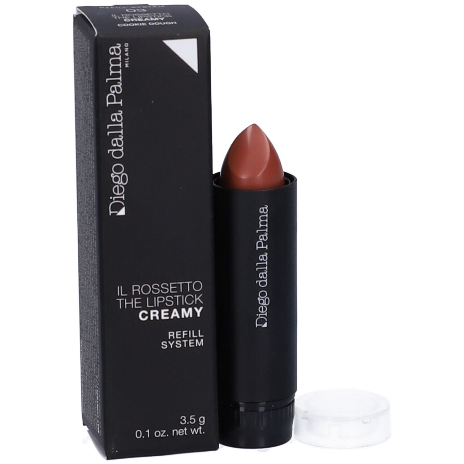 Rossetto e confezione. Astuccio nero, punta rossetto marrone, cappuccio bianco. Testo: Diego dalla Palma, Il Rossetto Creamy.