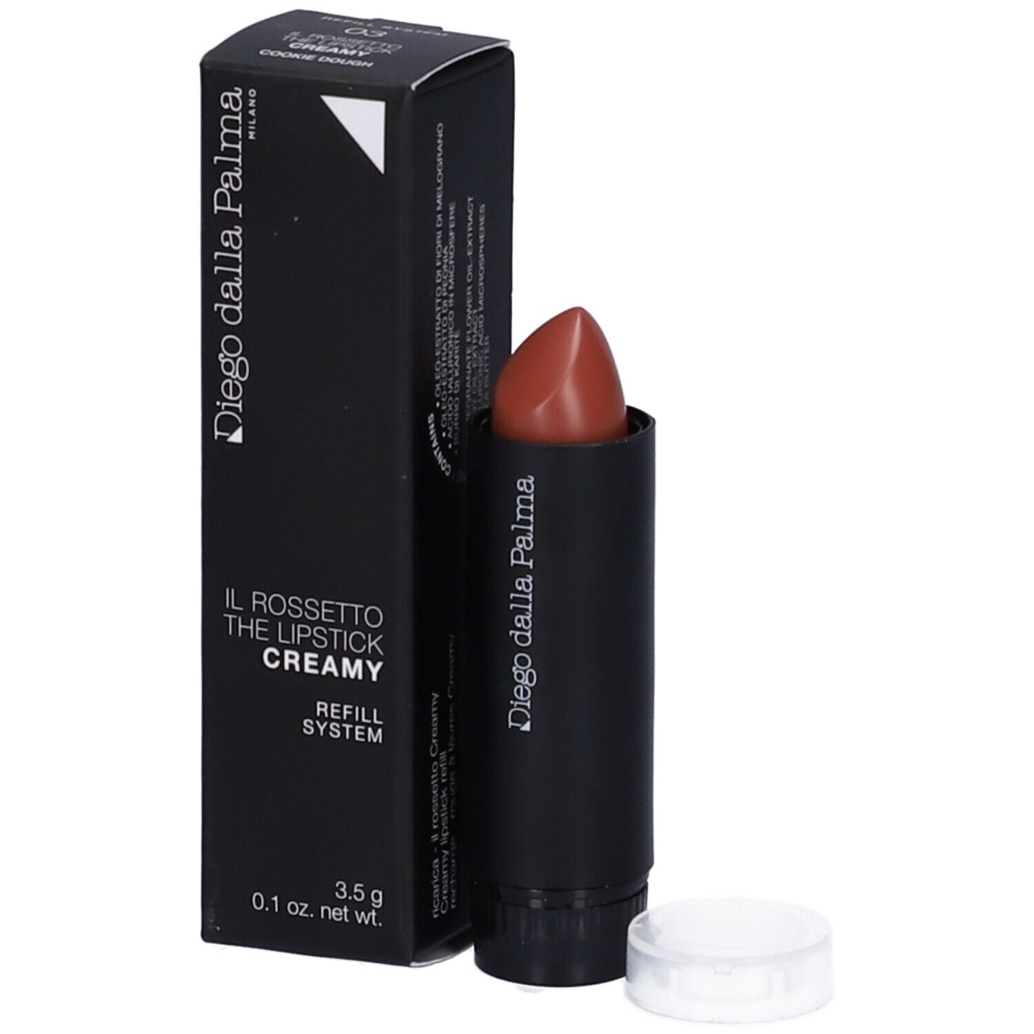 Rossetto e confezione. Astuccio nero, punta rossetto marrone, cappuccio bianco. Testo: Diego dalla Palma, Il Rossetto Creamy.