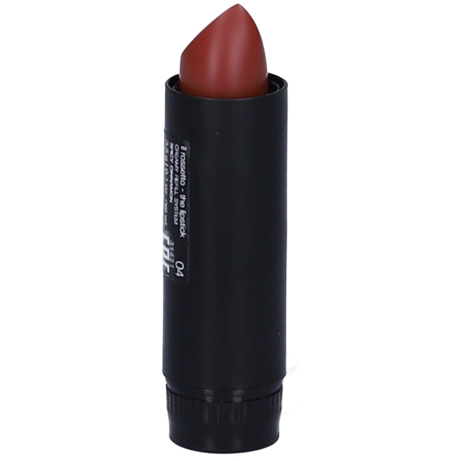 Rossetto in astuccio nero. Sull'astuccio sono stampate informazioni sul prodotto.
