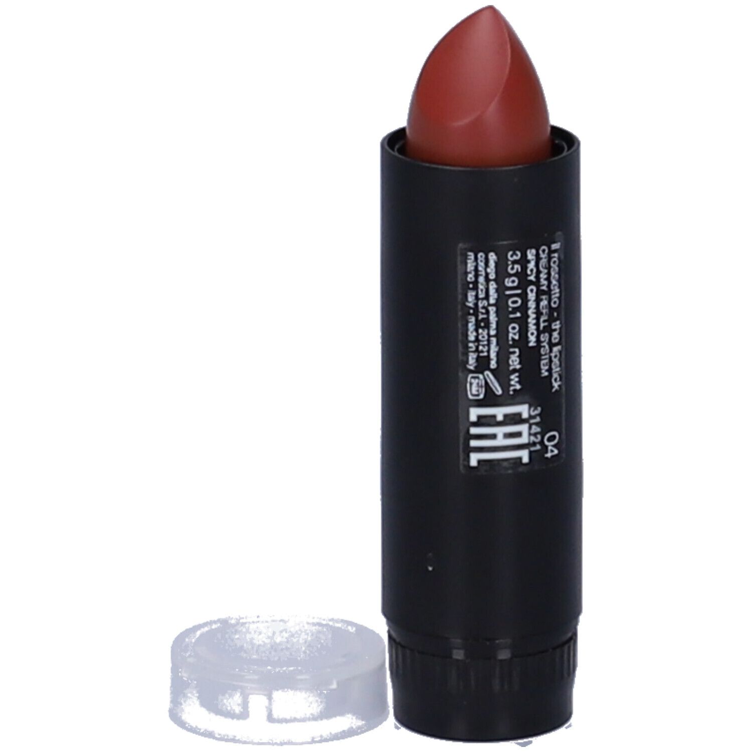 Rossetto in astuccio nero con cappuccio rimovibile. Informazioni sul prodotto stampate.