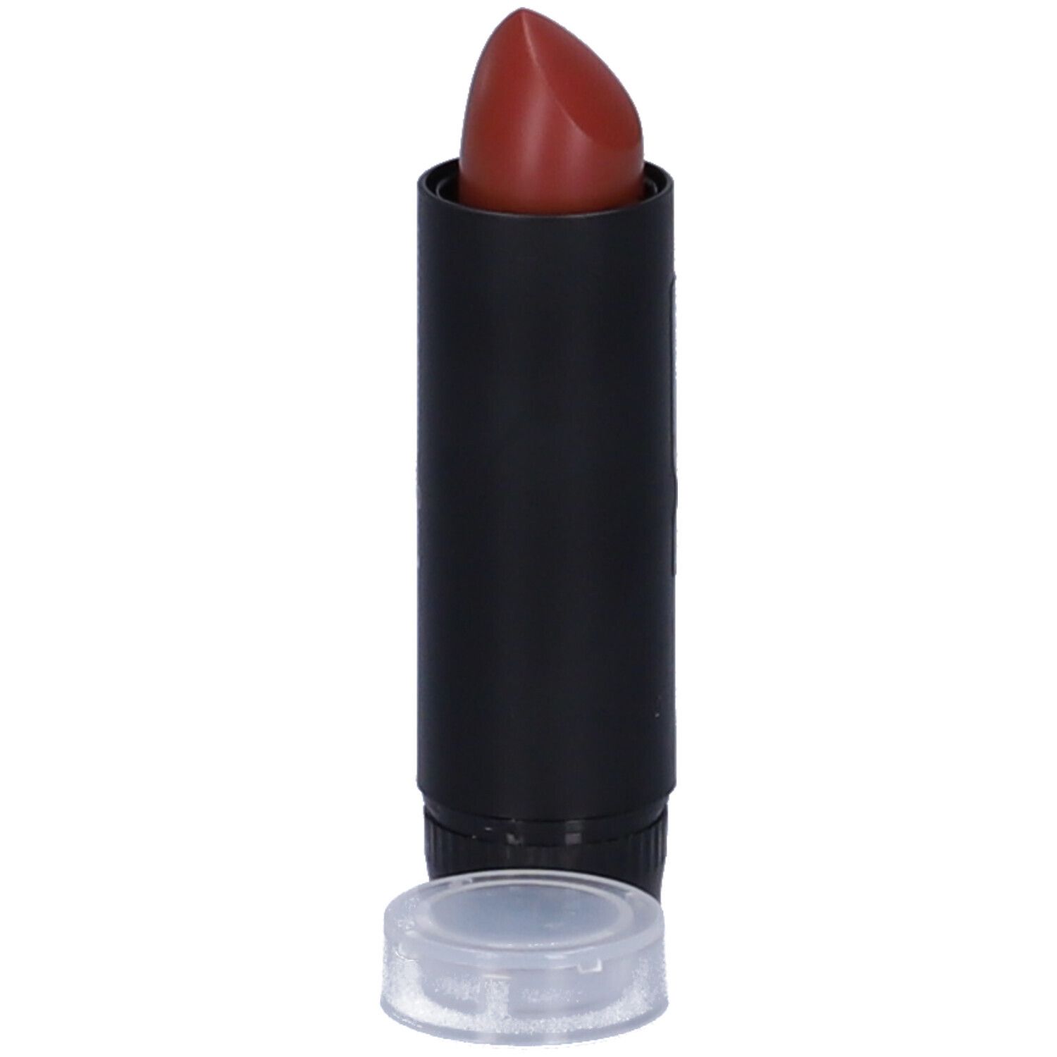 Rossetto in astuccio nero con cappuccio rimovibile. Il rossetto è marrone-rossastro.