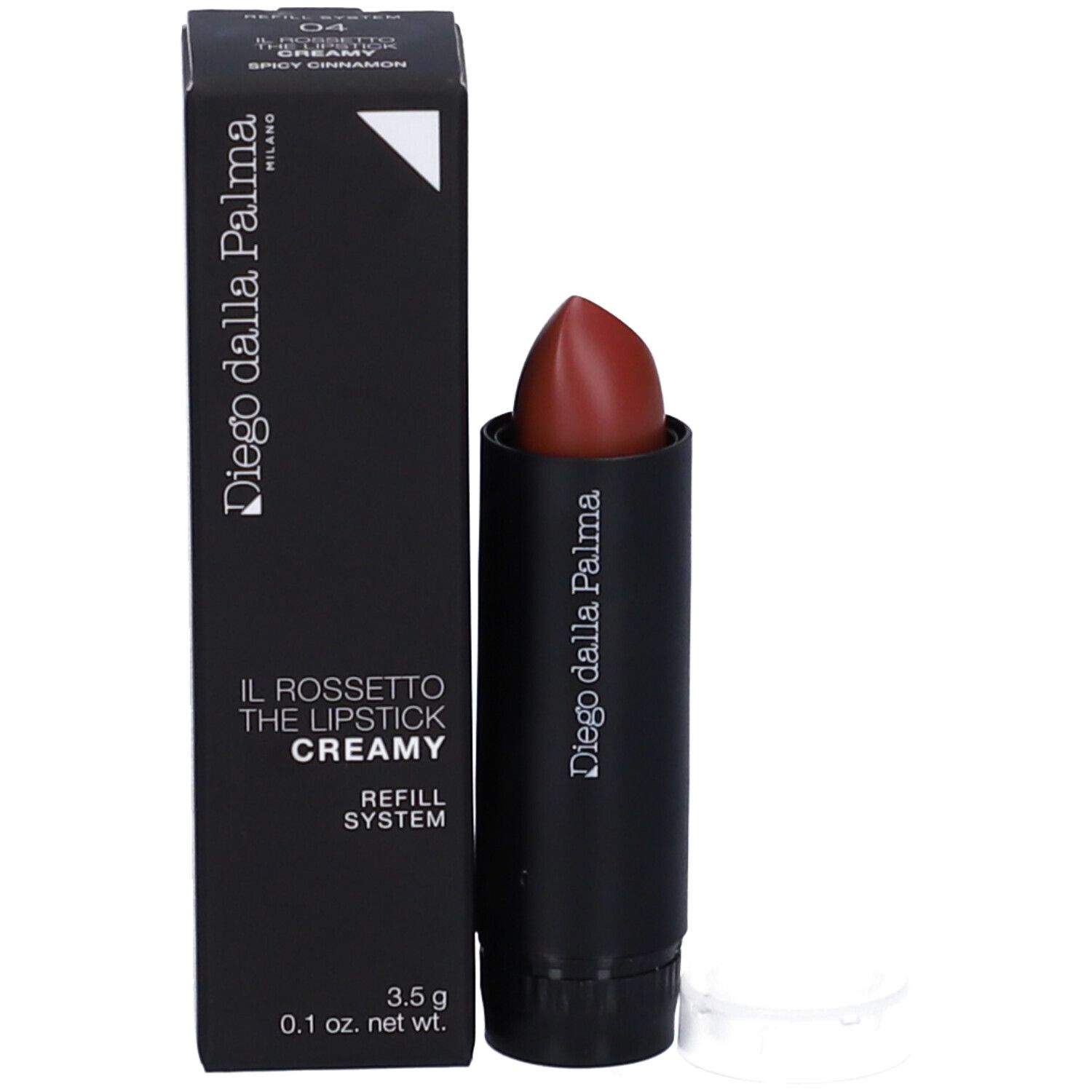 Rossetto con confezione. Sulla confezione sono riportati Diego dalla Palma e le informazioni sul prodotto.