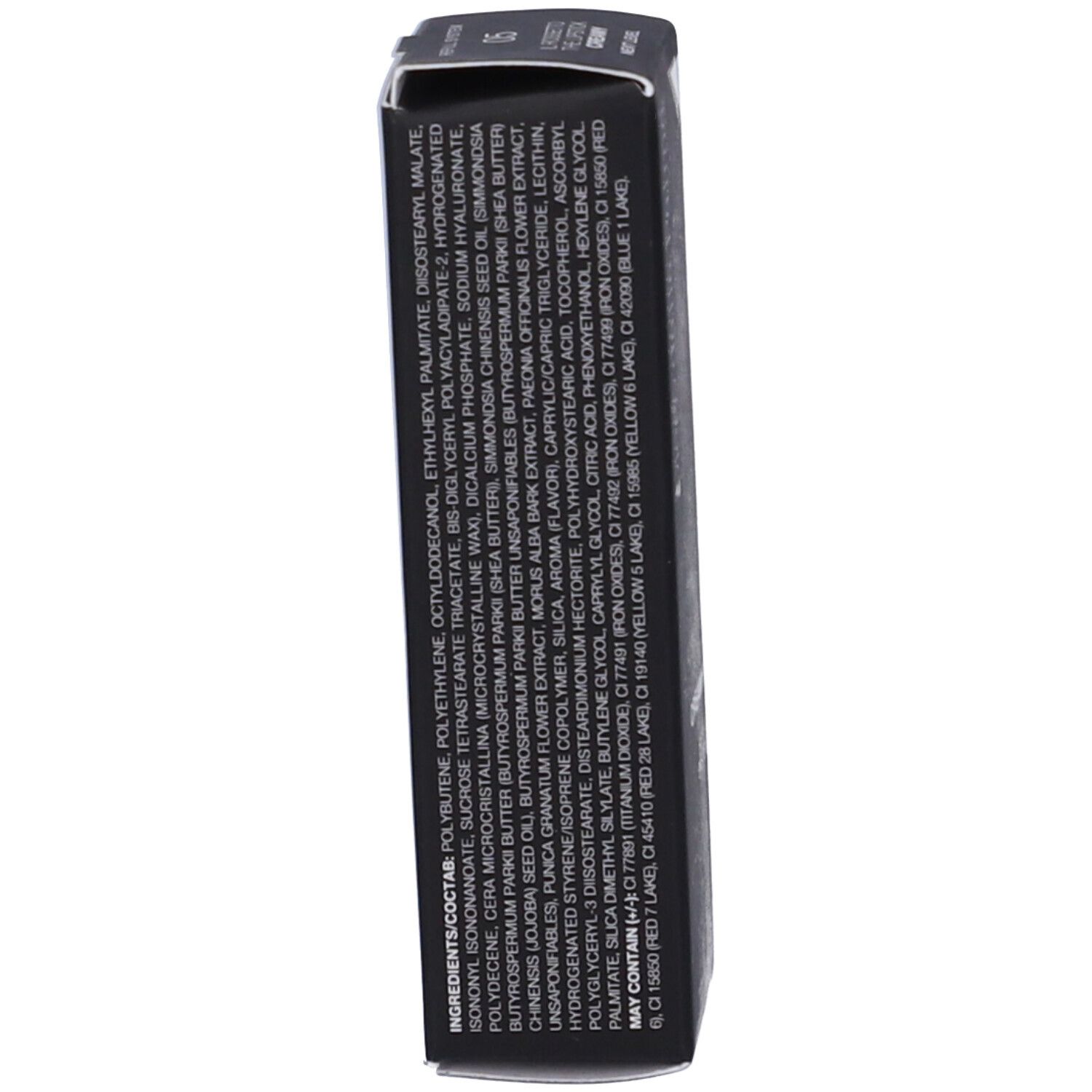 Confezione nera con elenco ingredienti. Testo in bianco. Contiene: Polietilene, ecc.