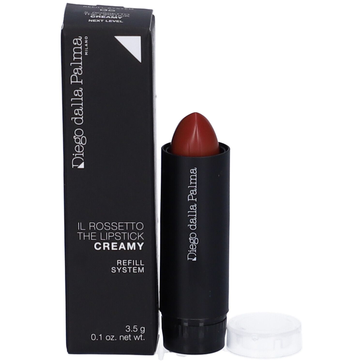 Rossetto rosso e confezione nera. Scritta: Diego dalla Palma, IL ROSSETTO, CREAMY, 3,5 g.