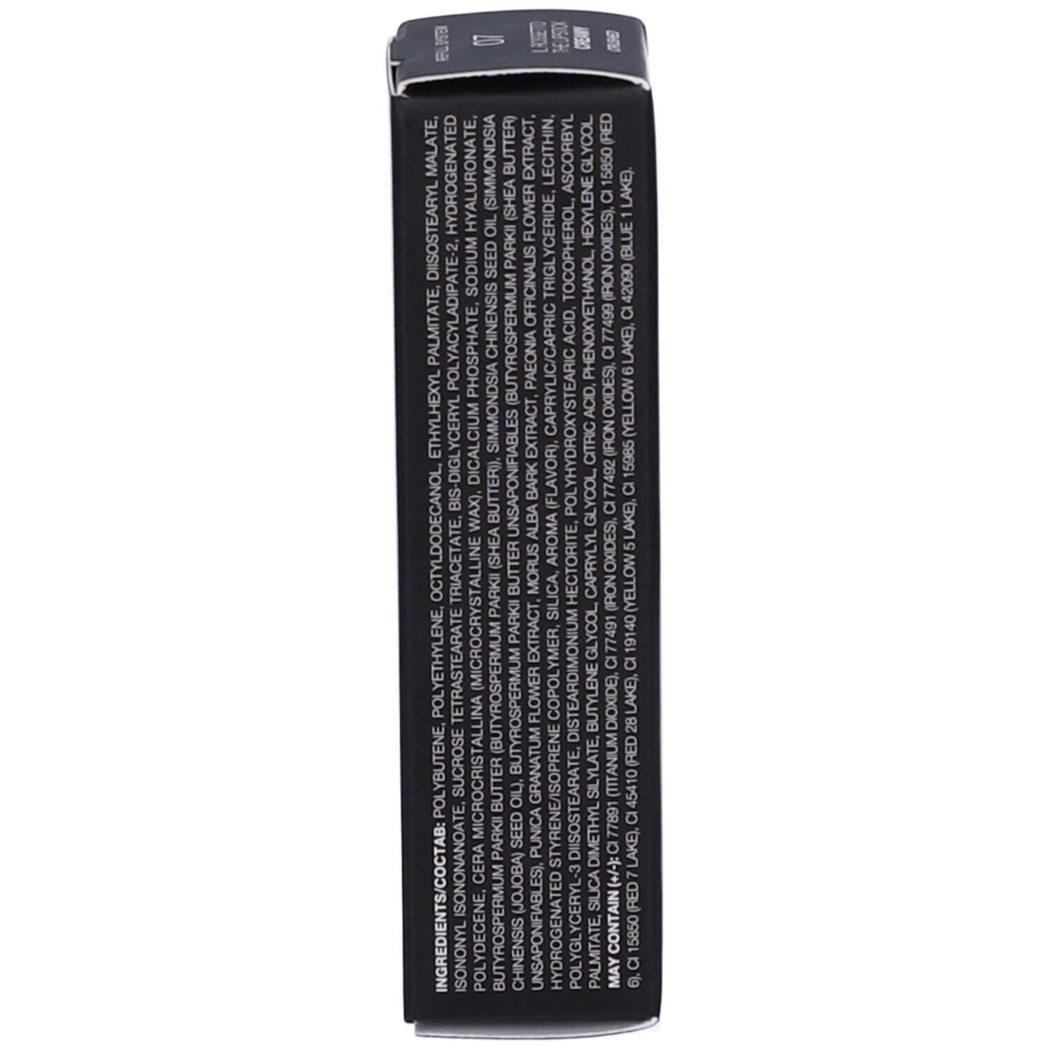 Confezione nera con ingredienti e testo. Marca: Diego dalla Palma. Rossetto cremoso, sistema ricarica.