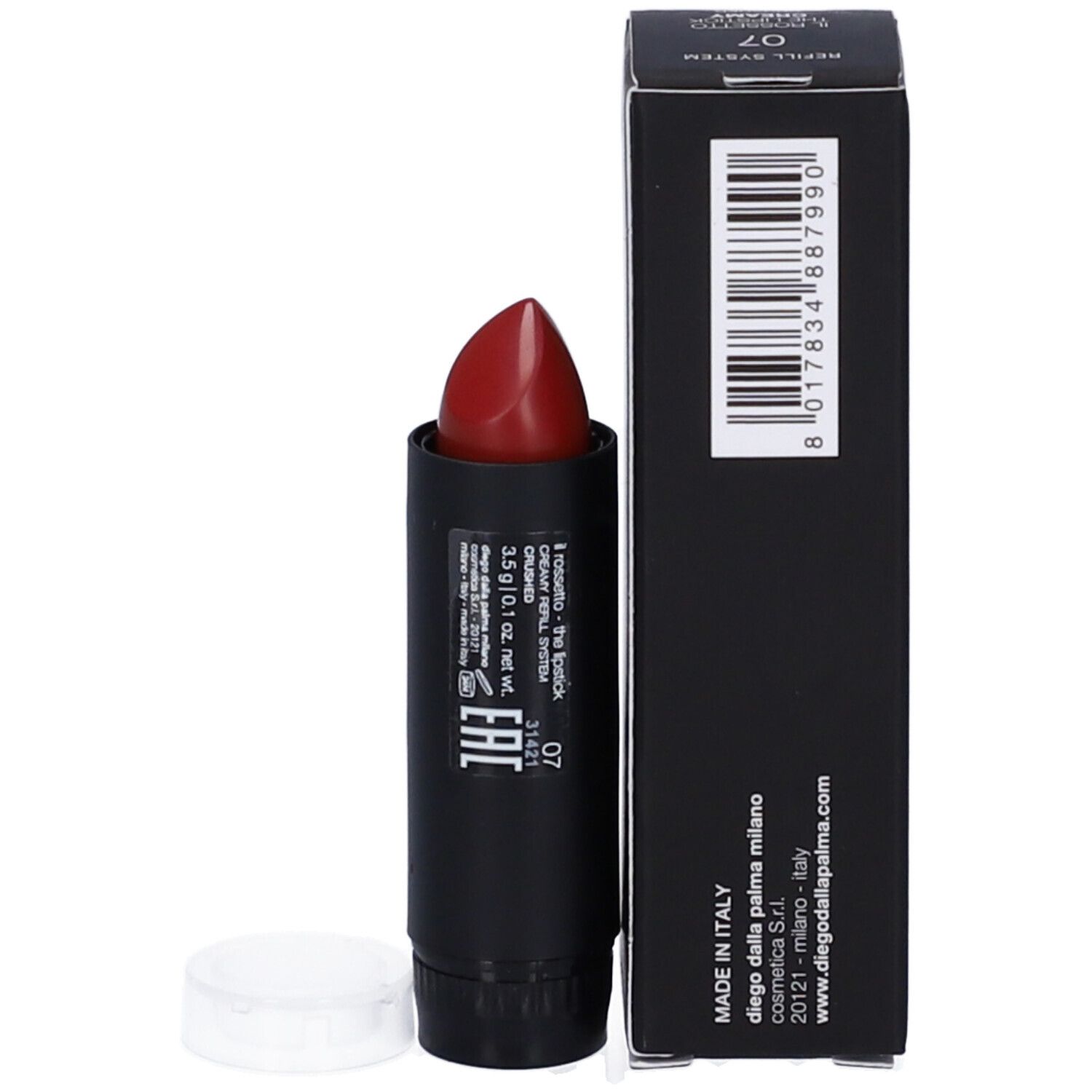 Rossetto rosso in contenitore nero e confezione. Marca: Diego dalla Palma. Texture cremosa, sistema ricarica.