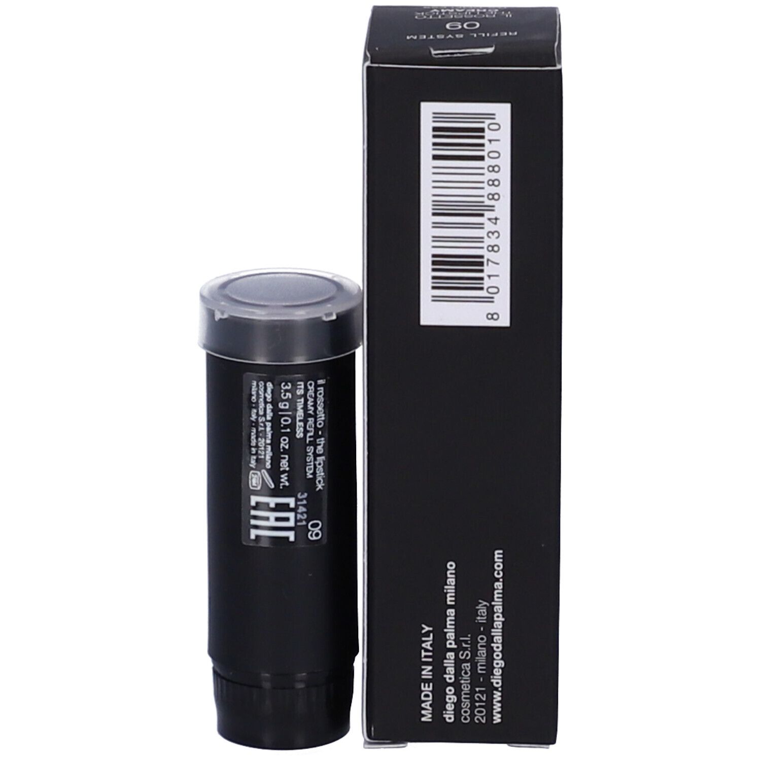 Retro della confezione. Codice a barre e testo: Made in Italy. Marchio: Diego dalla Palma.