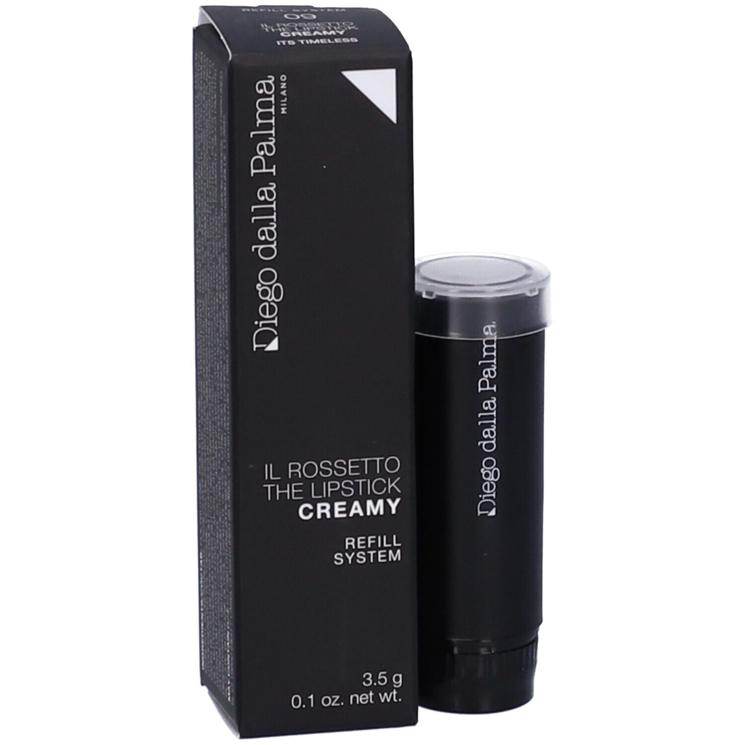 Ricarica rossetto nera e confezione. Scritta: Diego dalla Palma, Il Rossetto Creamy, 09 Its Timeless.