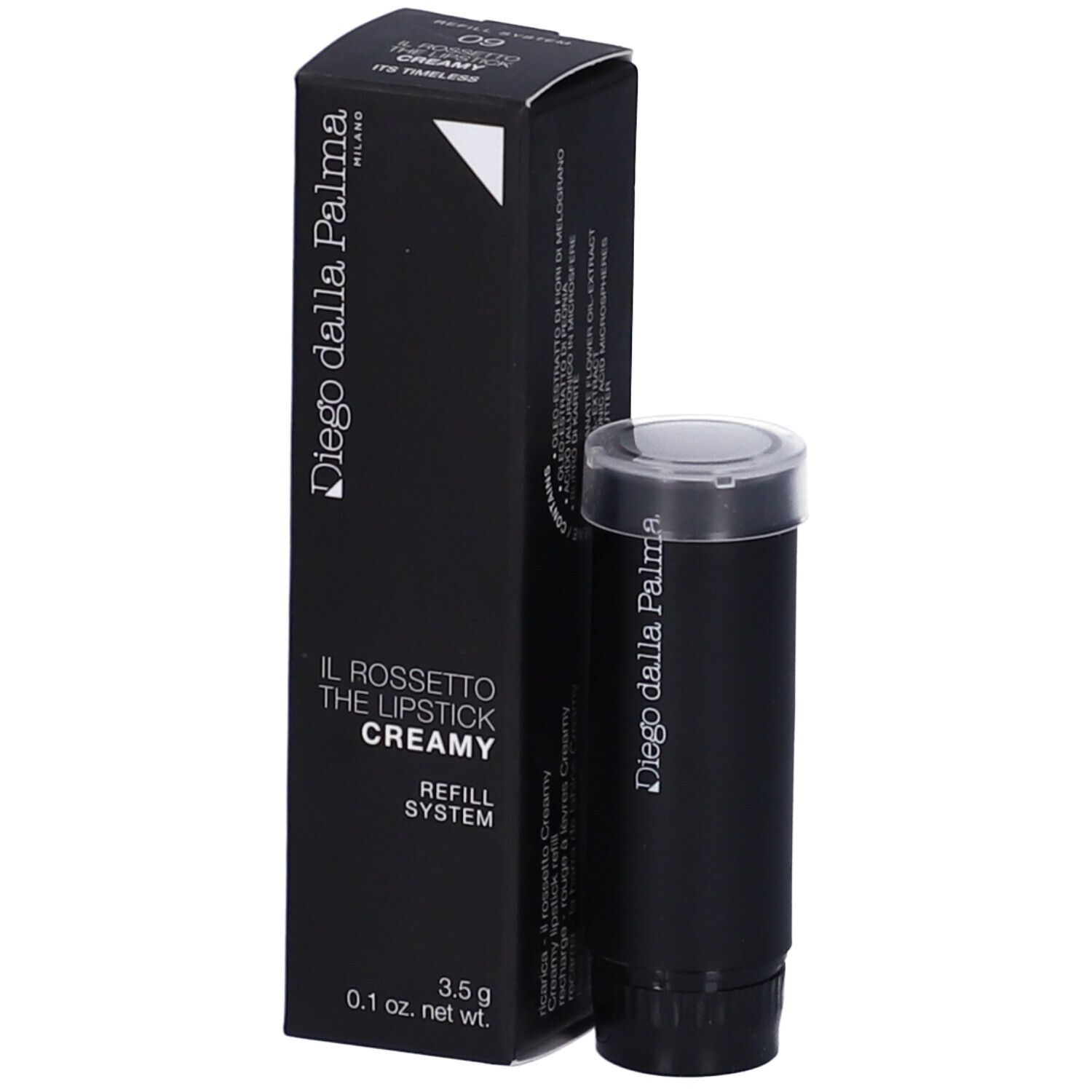 Ricarica rossetto nera e confezione. Scritta: Diego dalla Palma, Il Rossetto Creamy, 09 Its Timeless.