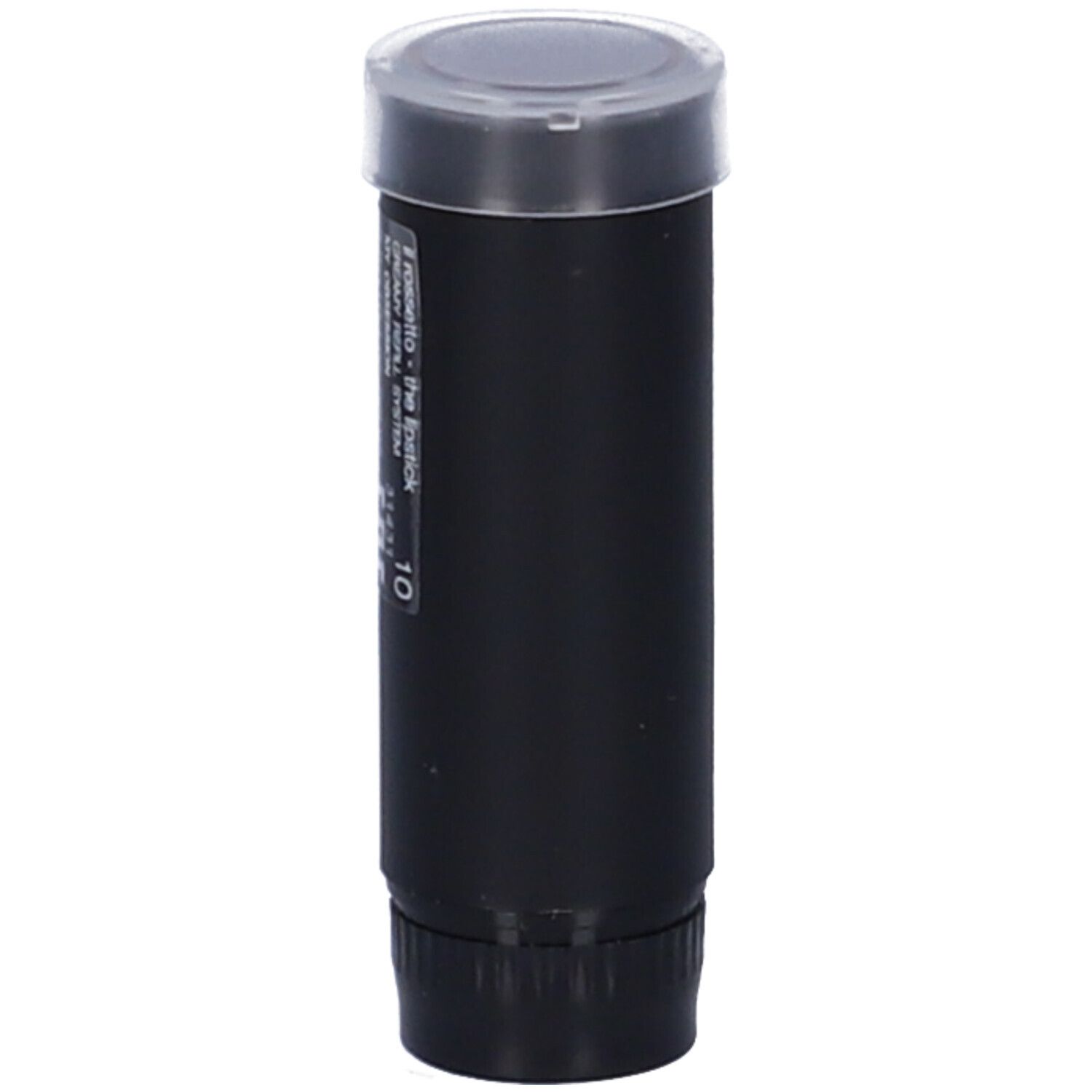 Contenitore nero con coperchio trasparente e tappo a vite. Etichetta: "Momento - the lipstick".