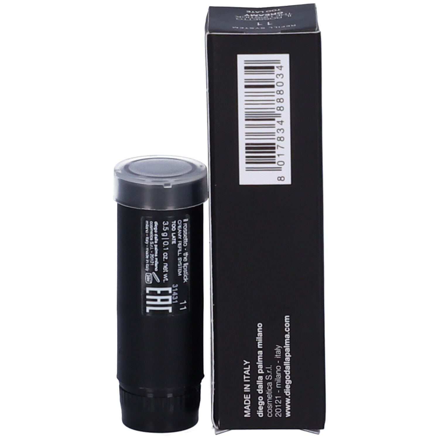 Ricarica rossetto nera e confezione. La confezione riporta "MADE IN ITALY" e "3,5 g".