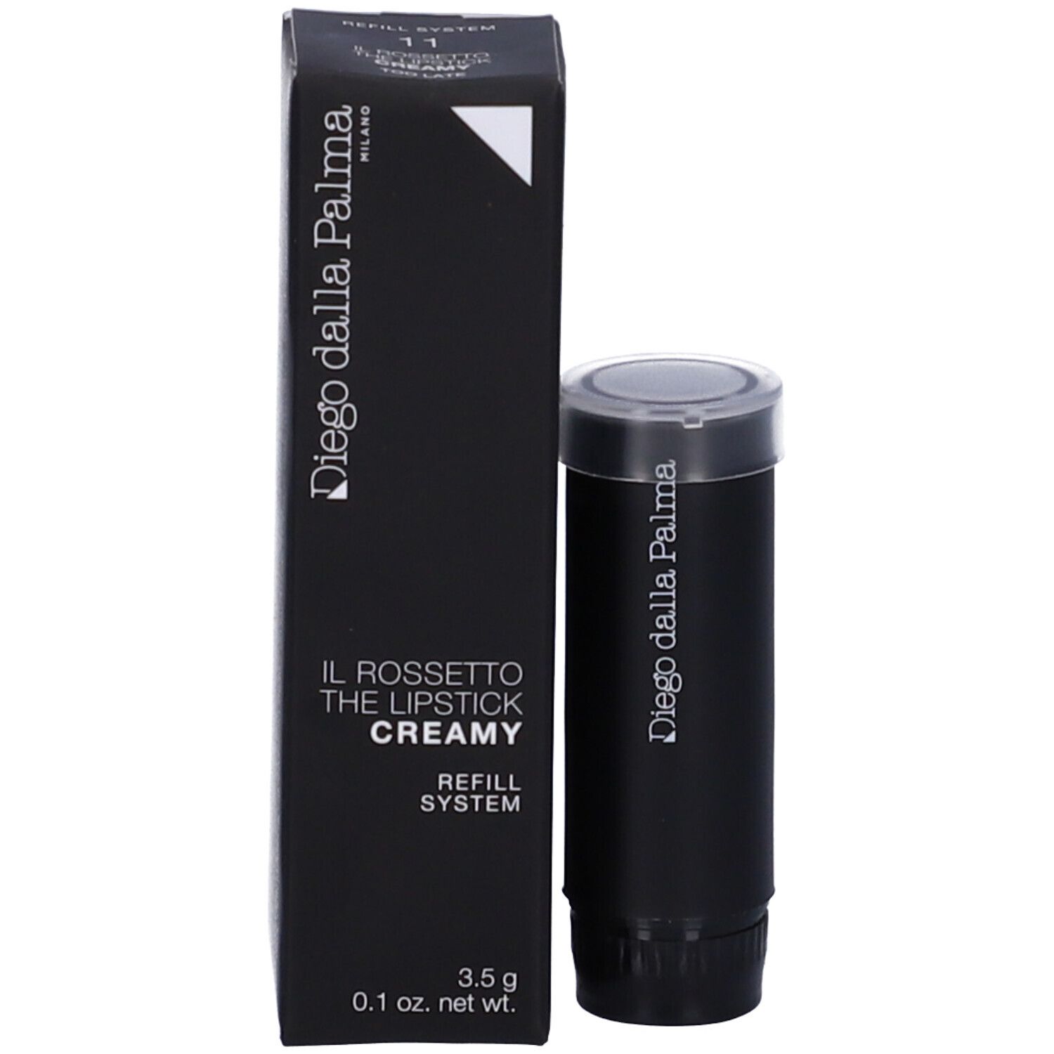 Ricarica rossetto nera e confezione. La confezione riporta "Diego dalla Palma" e "IL ROSSETTO CREAMY".