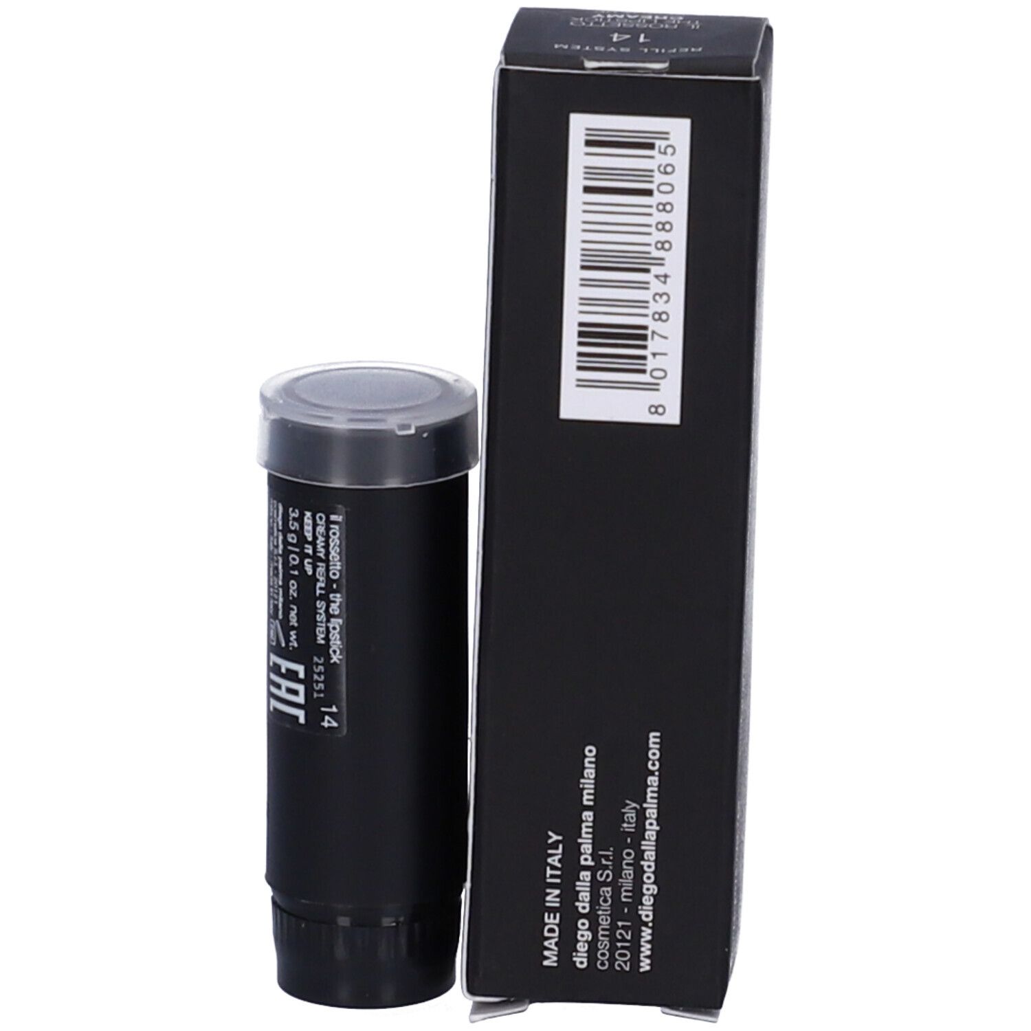 Retro della confezione e rossetto. Scritta: Made in Italy, Diego dalla Palma Milano, www.diegodallapalma.com.