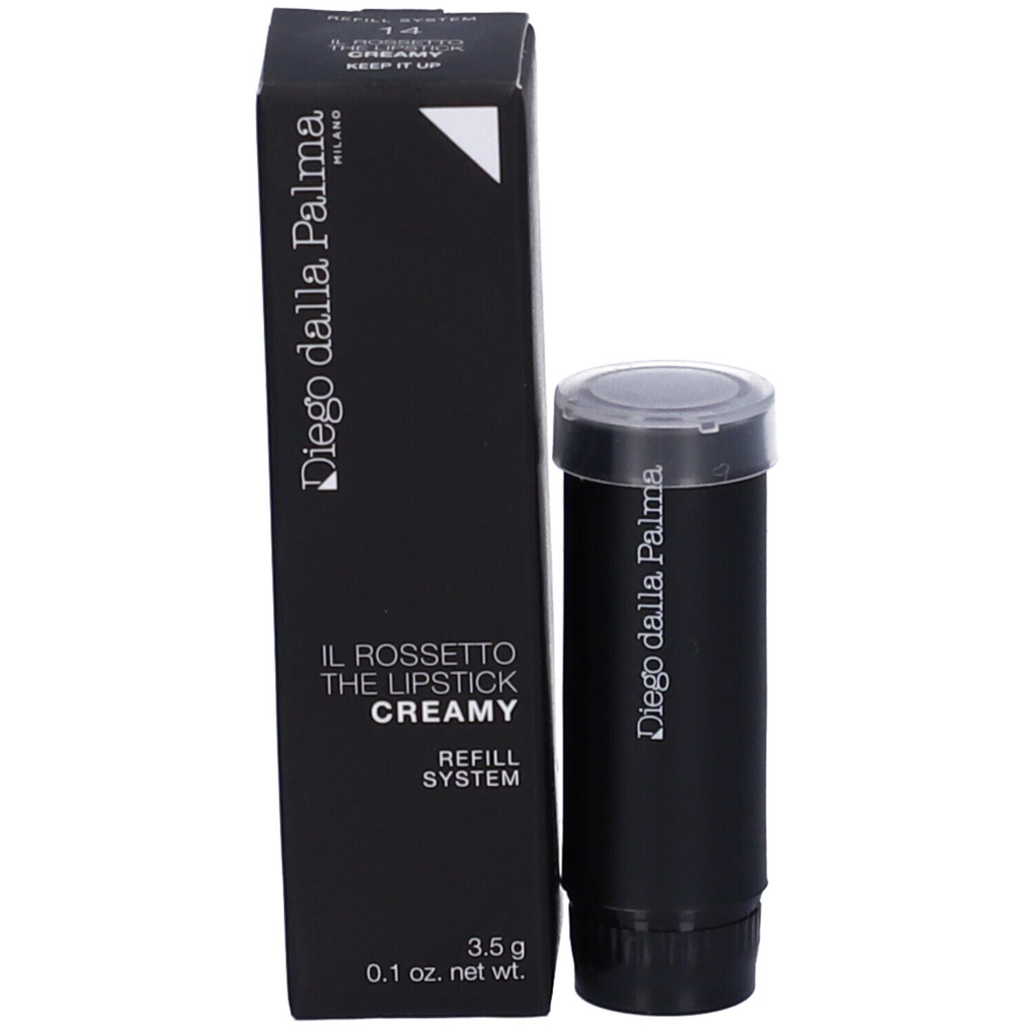Ricarica rossetto nera e confezione. Scritta: Diego dalla Palma, IL ROSSETTO CREAMY, 3.5 g, 0.1 oz. net wt.
