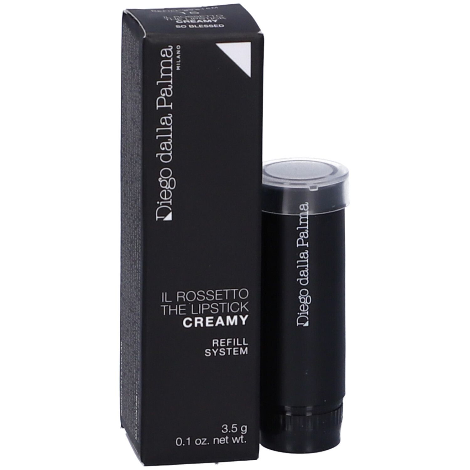 Ricarica rossetto nera e confezione. Sulla confezione si legge "Diego dalla Palma Milano" e "IL ROSSETTO THE LIPSTICK CREAMY".