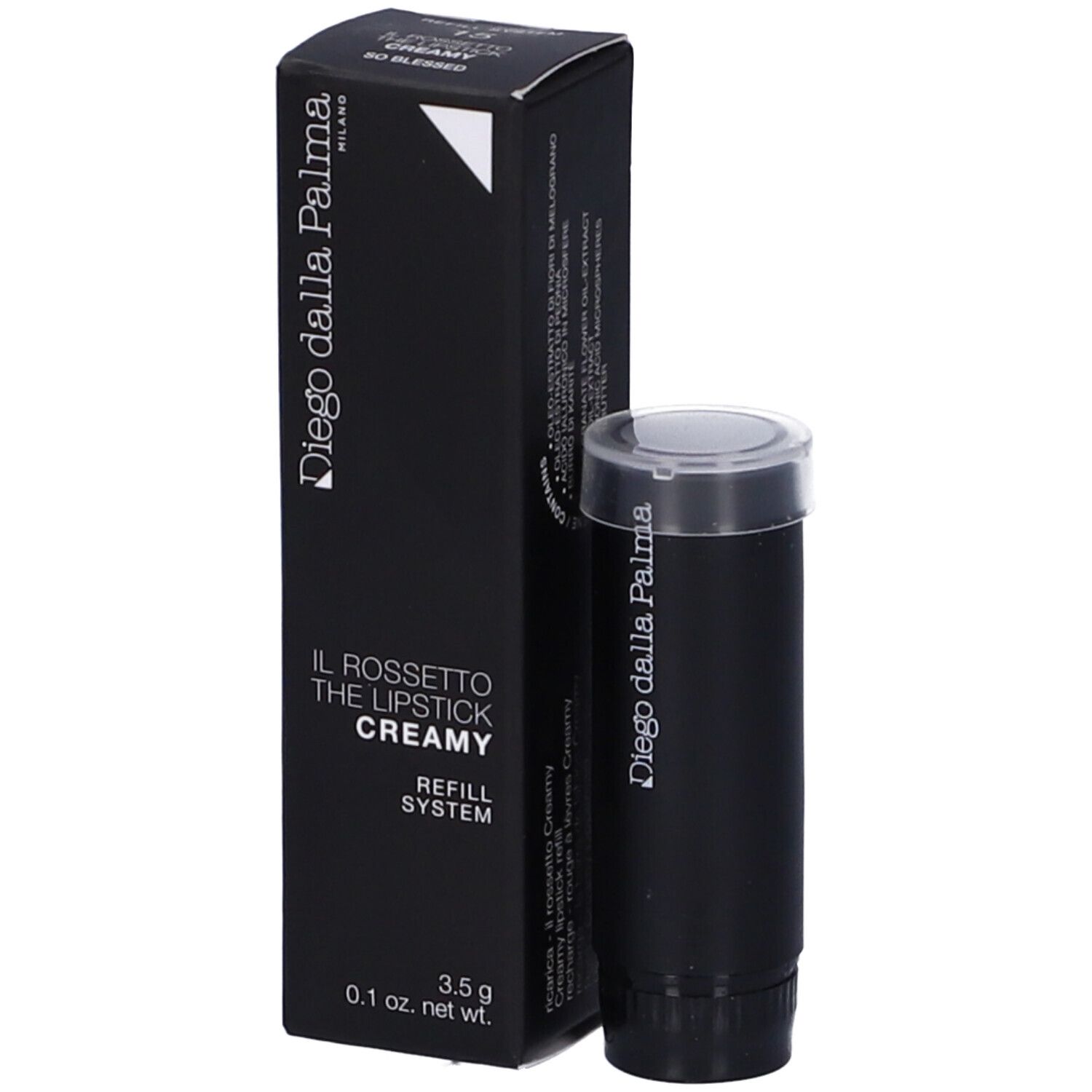 Ricarica rossetto nera e confezione. Sulla confezione si legge "Diego dalla Palma Milano" e "IL ROSSETTO THE LIPSTICK CREAMY".