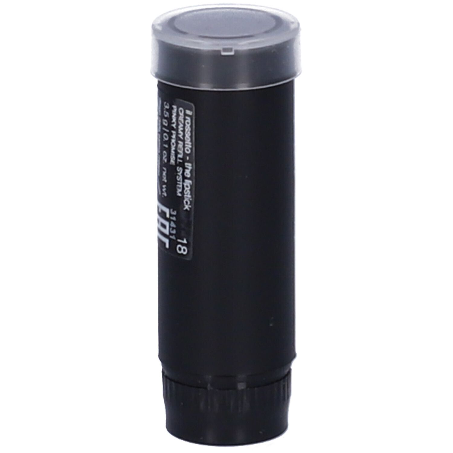 Ricarica rossetto nera con tappo trasparente. Scritte e informazioni sul prodotto.