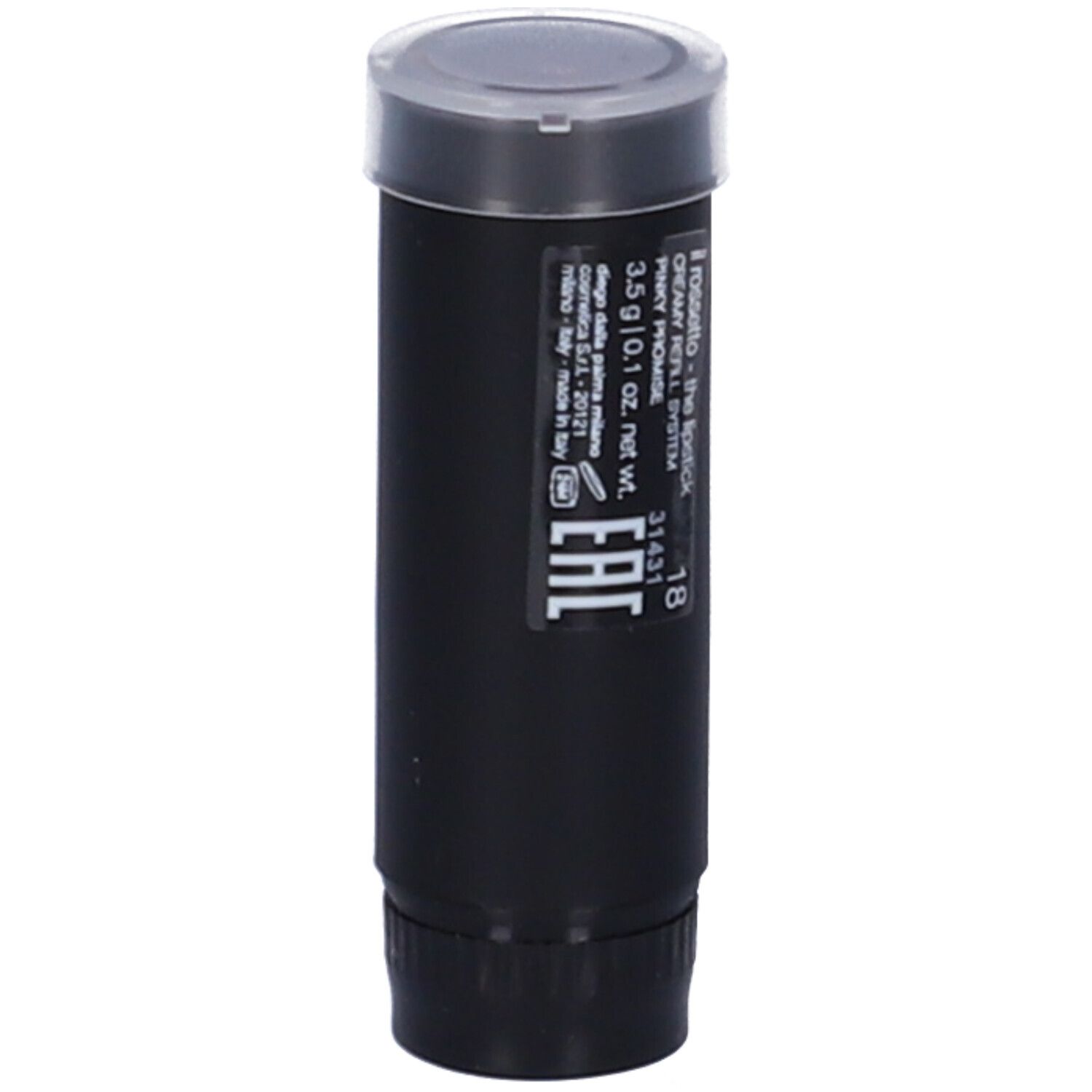 Ricarica rossetto nera con tappo trasparente. Informazioni prodotto e marchio EAC.