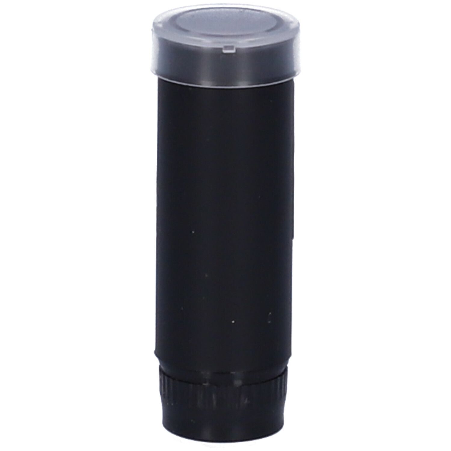 Ricarica rossetto nera con tappo trasparente.