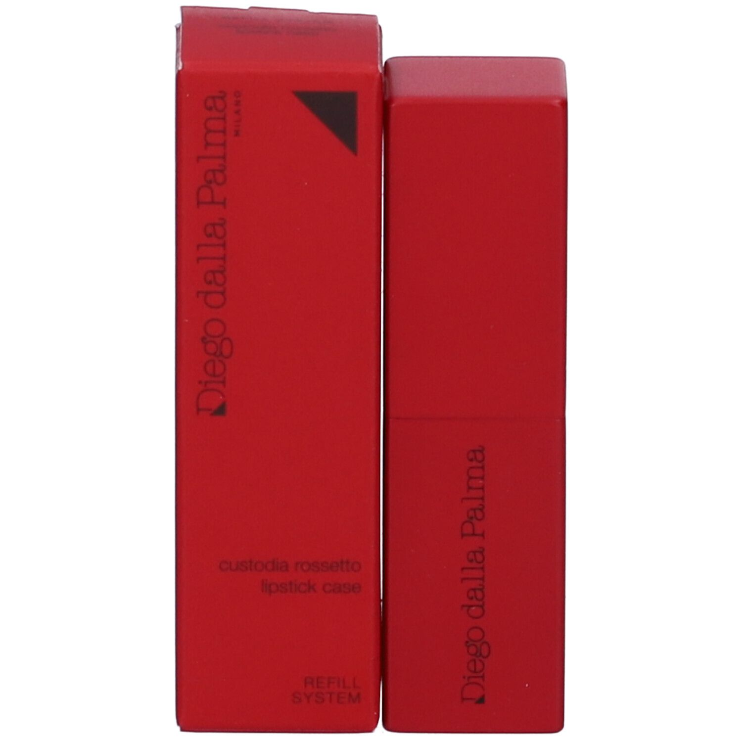 Astuccio rossetto rosso e confezione. Marchio: Diego dalla Palma. Scritta: Custodia Rossetto, Lipstick Case, Refill System.