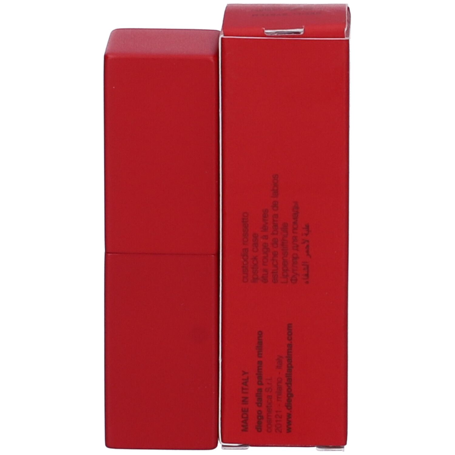 Astuccio rossetto rosso e confezione. Marchio: Diego dalla Palma. Prodotto in Italia. Scritta: Custodia Rossetto.