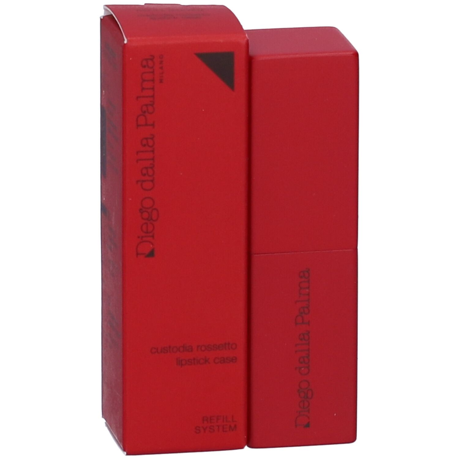 Astuccio rossetto rosso e confezione. Marchio: Diego dalla Palma. Scritta: Custodia Rossetto, Lipstick Case, Refill System.