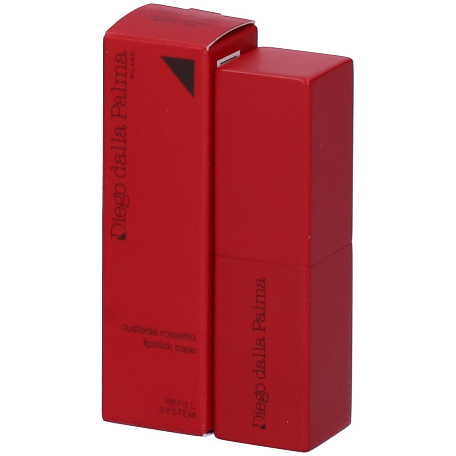 Astuccio rossetto rosso e confezione. Marchio: Diego dalla Palma. Scritta: Custodia Rossetto, Lipstick Case, Refill System.