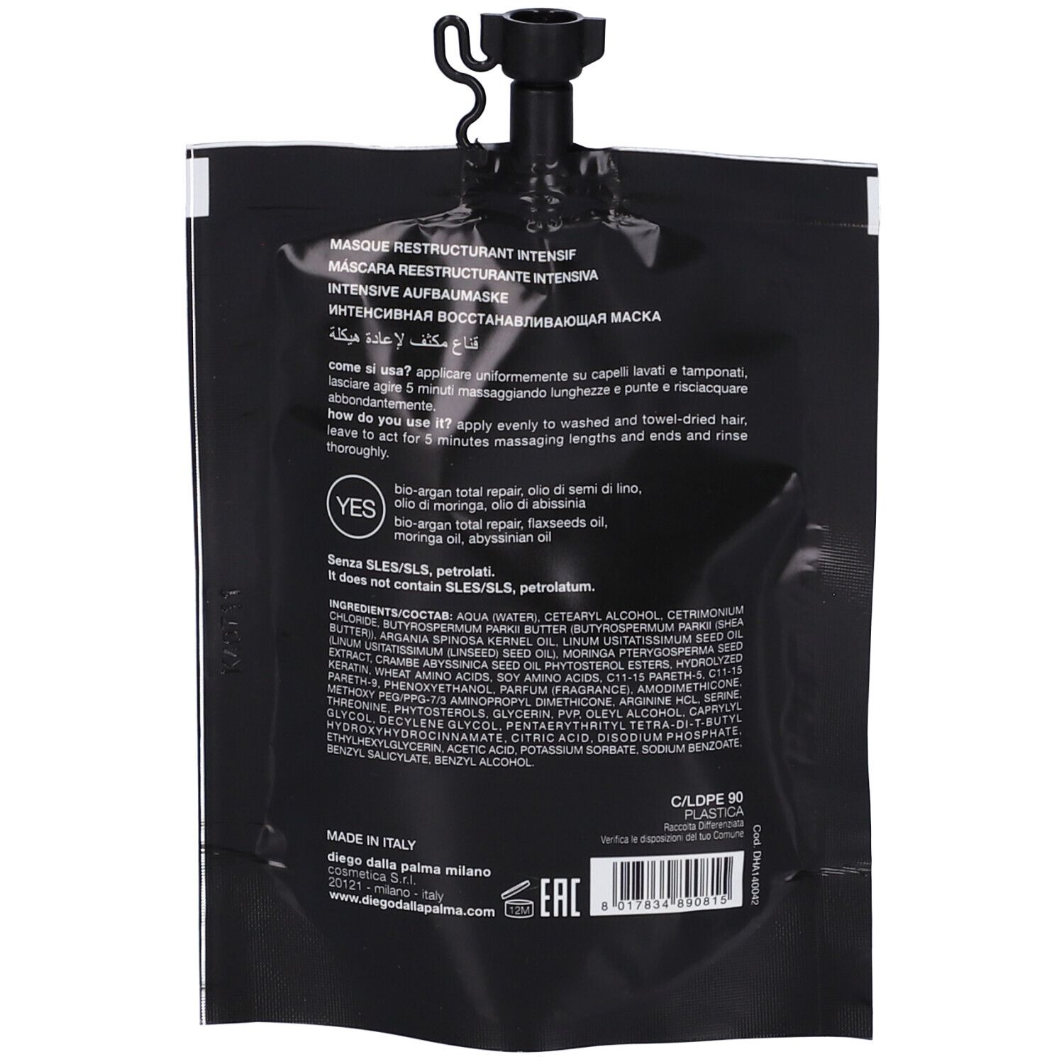 Retro della busta con testo. Contiene ingredienti e istruzioni. Logo 'Diego Dalla Palma Milano'.