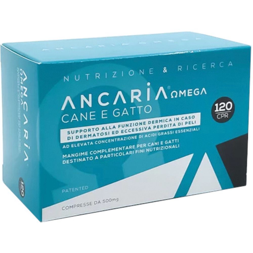 Scatola blu e bianca Ancaria Omega, 120 compresse. Testo in italiano.