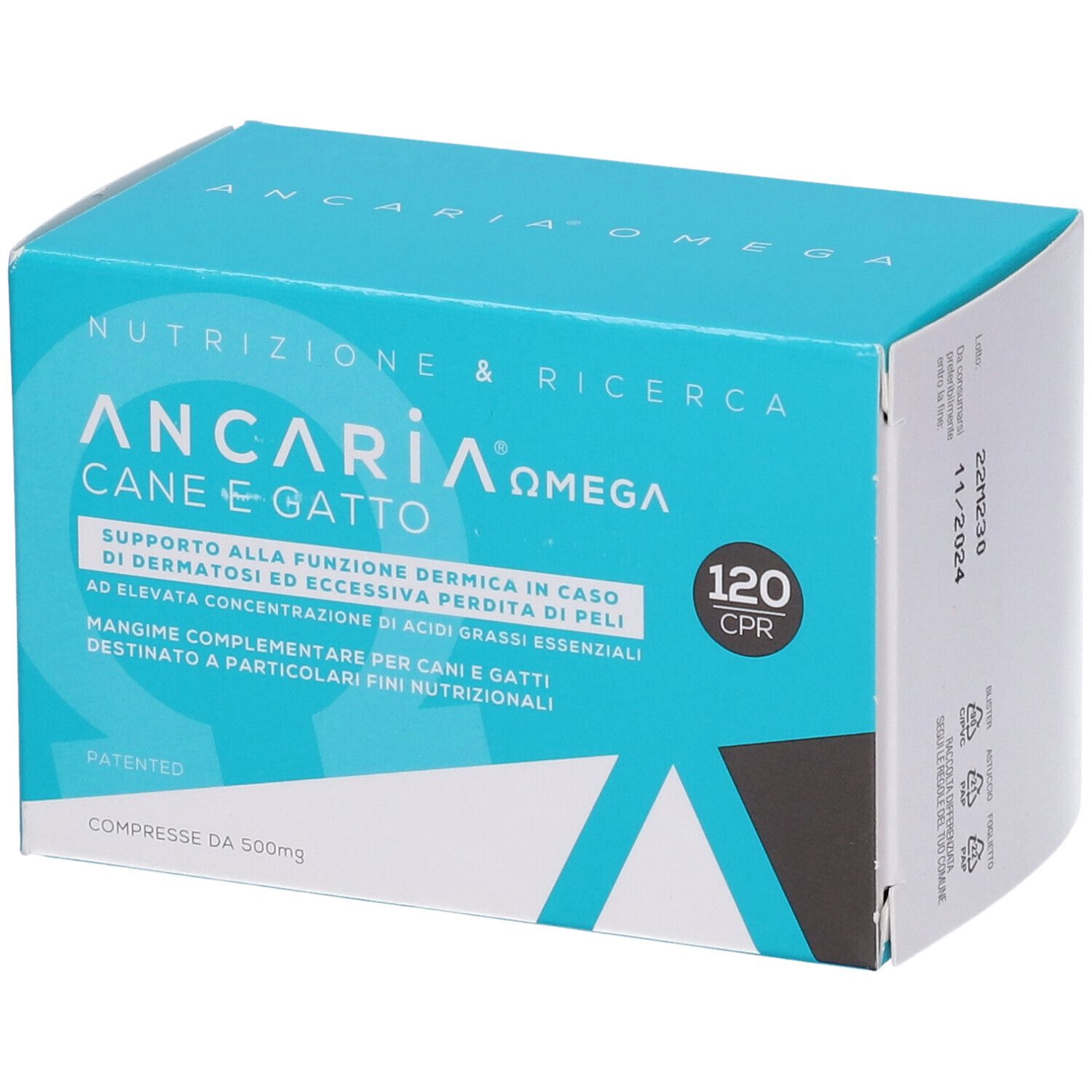 Scatola blu e bianca Ancaria Omega, 120 compresse. Stampa con scadenza 11/2024.