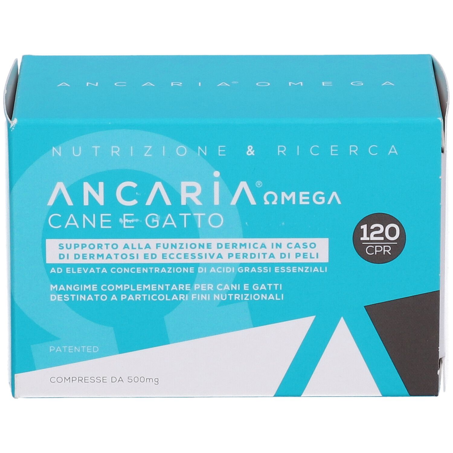 Scatola blu e bianca Ancaria Omega, 120 compresse. Nome del prodotto e testo in italiano.