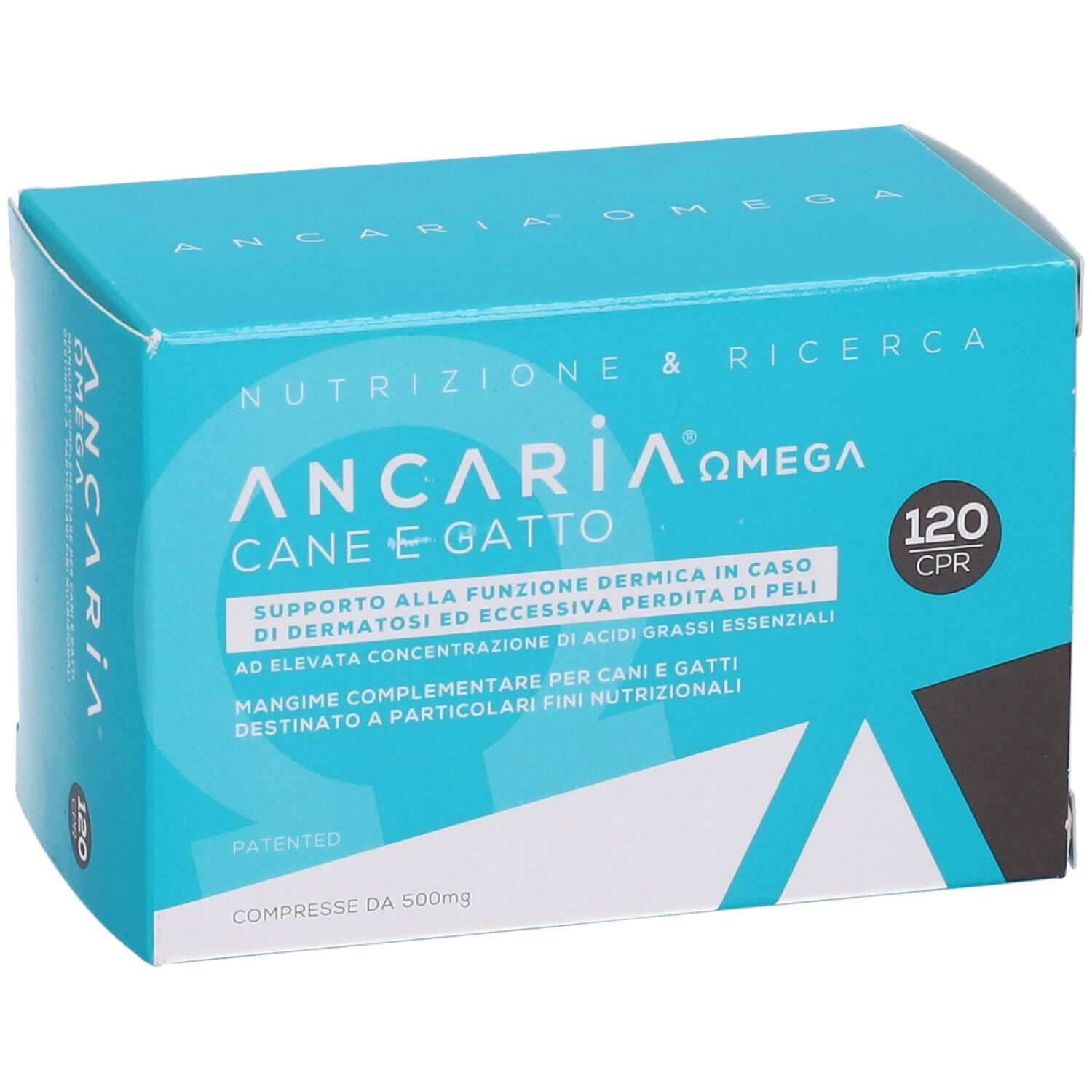 Scatola blu e bianca Ancaria Omega, 120 compresse. Nome del prodotto e testo in italiano.