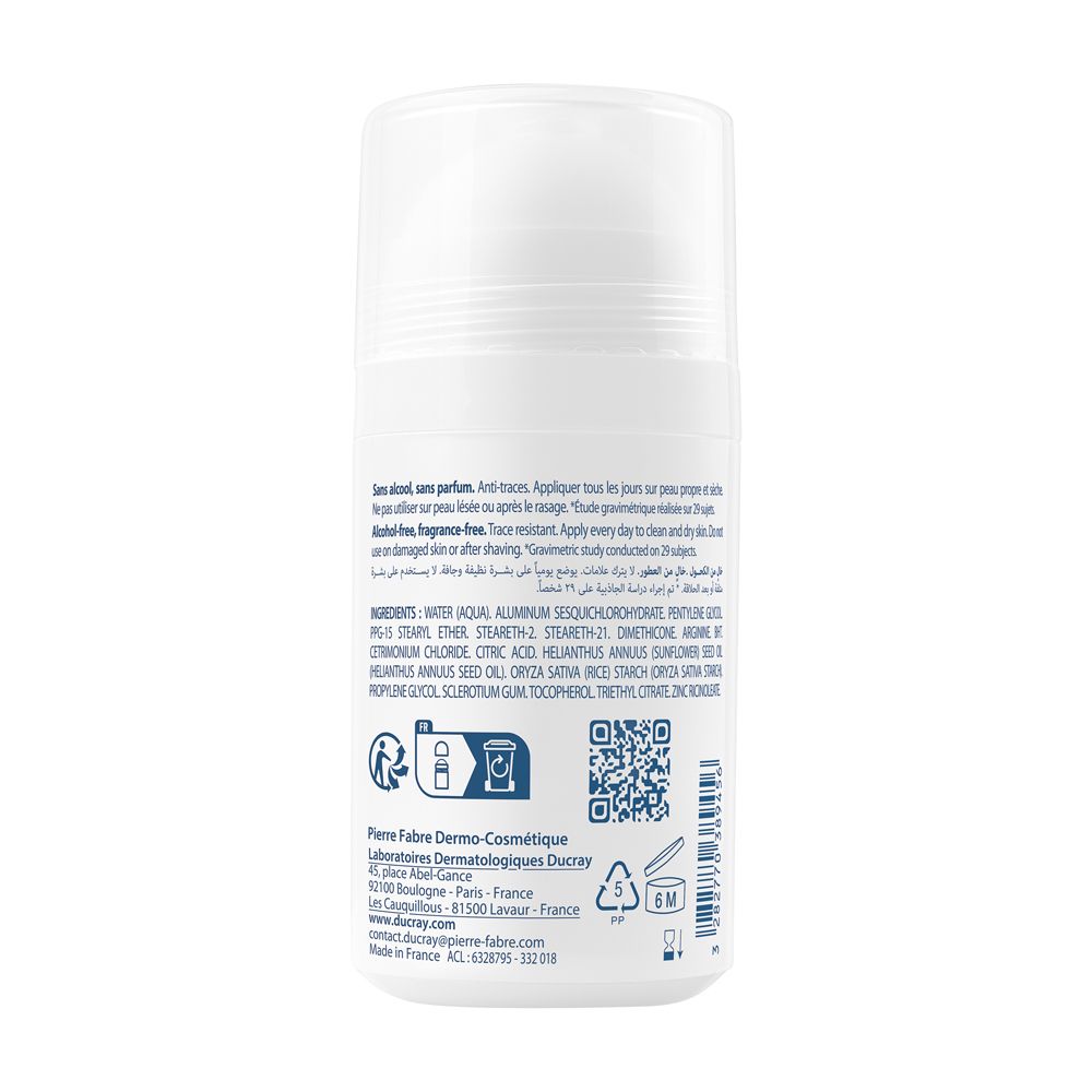 Retro del roll-on bianco. Testo con ingredienti e informazioni del produttore.