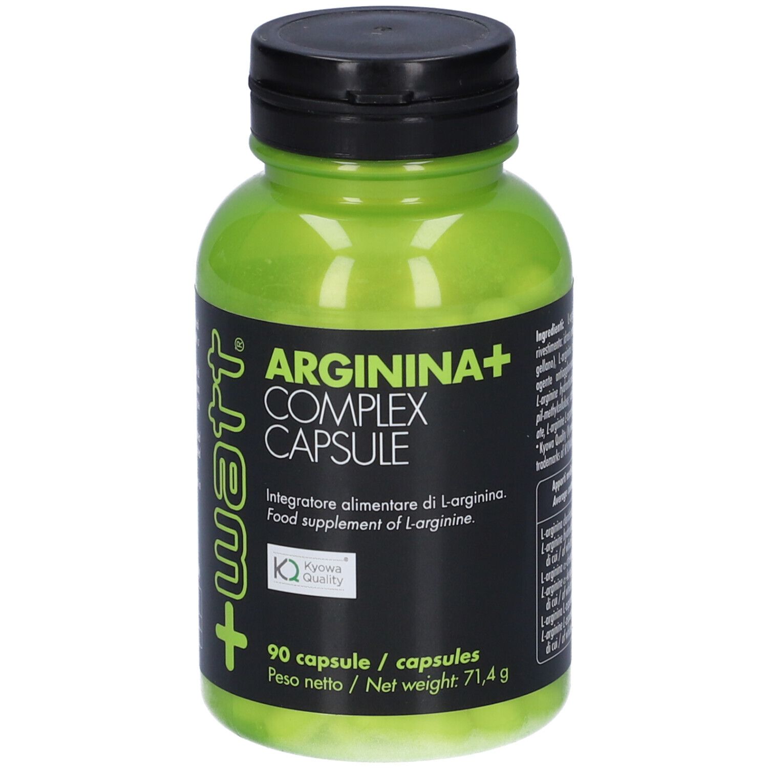 Bottiglia verde con tappo nero. Scritta: Arginina+ Complex Capsule. Contiene 90 capsule. Logo Kyowa Quality.