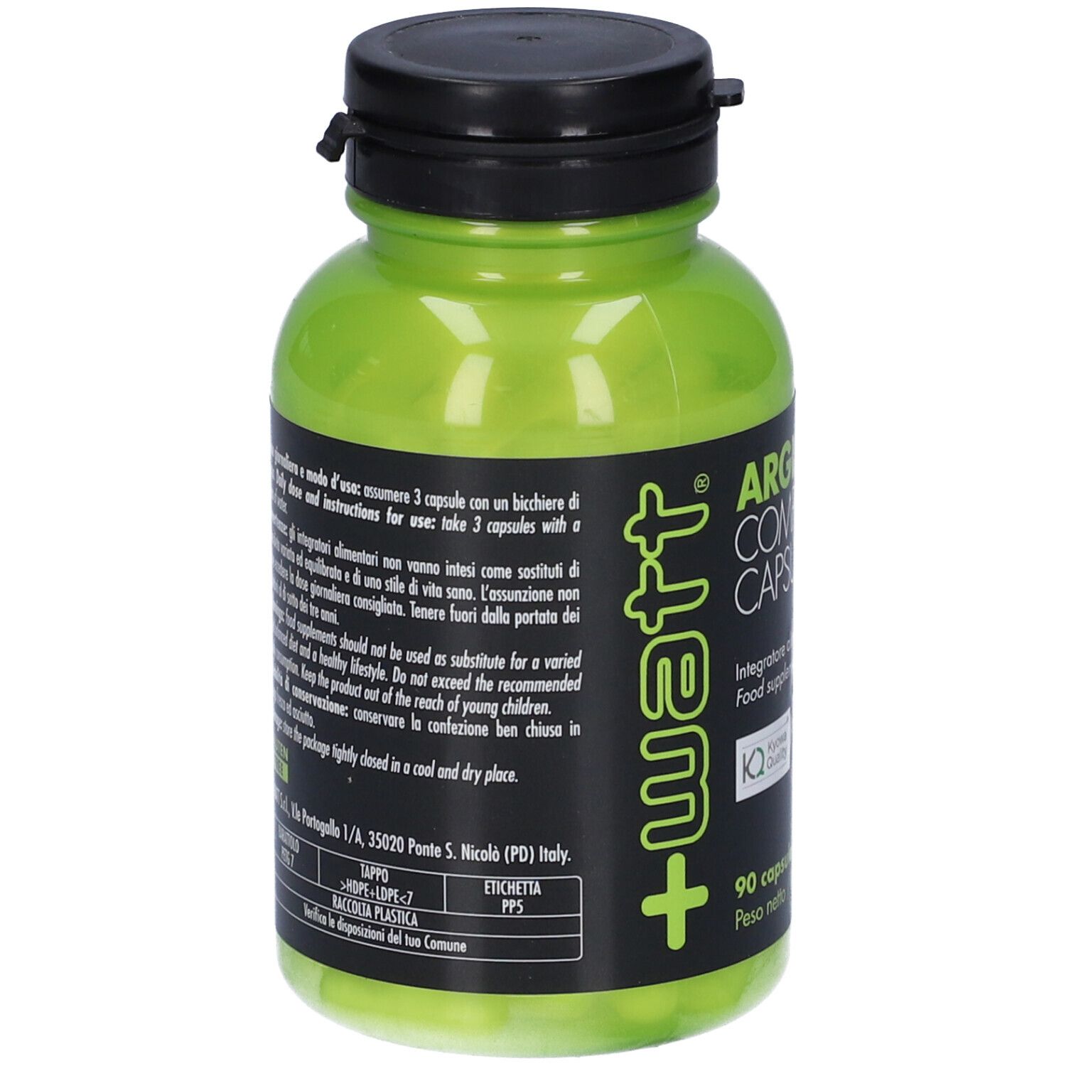 Bottiglia verde con tappo nero. Retro con testo. Contiene 90 capsule. Informazioni produttore e avvertenze.