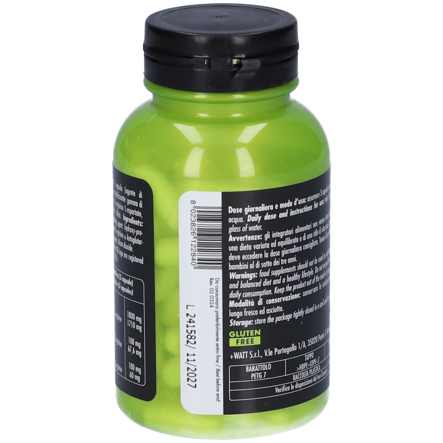 Bottiglia verde con tappo nero. Retro con testo. Contiene 90 capsule. Elenco ingredienti e informazioni nutrizionali.