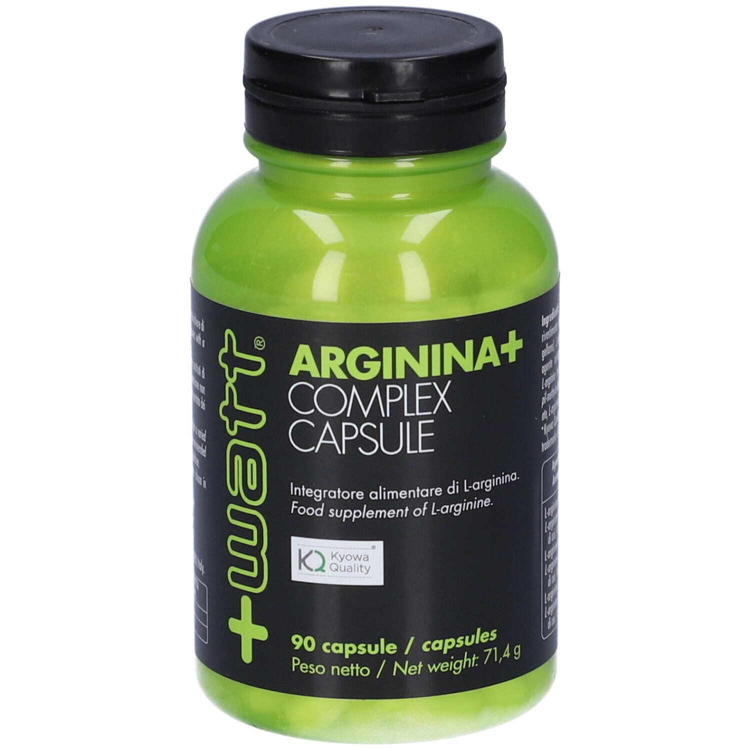 Bottiglia verde con tappo nero. Scritta: Arginina+ Complex Capsule. Contiene 90 capsule. Logo Kyowa Quality.