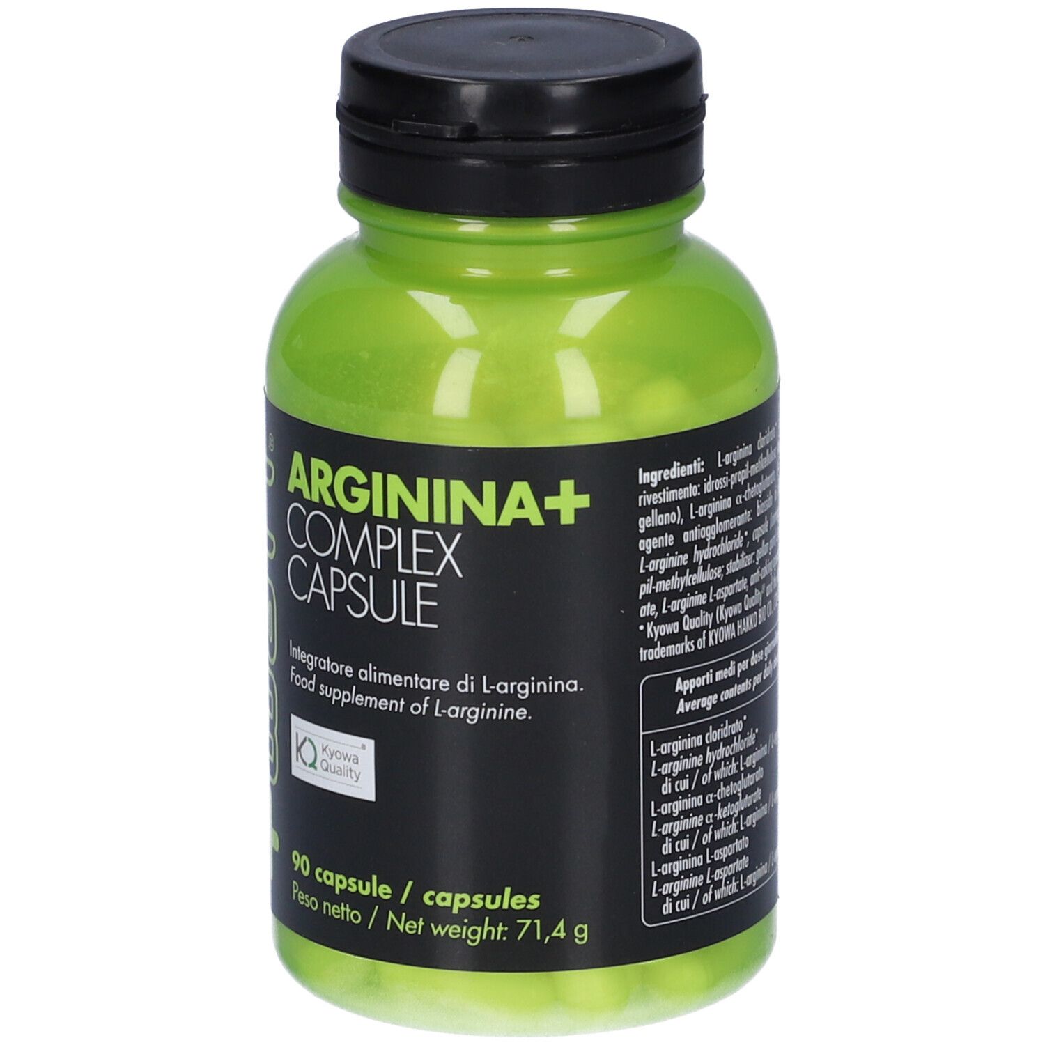 Bottiglia verde con tappo nero. Scritta: Arginina+ Complex Capsule. Contiene 90 capsule. Logo Kyowa Quality.