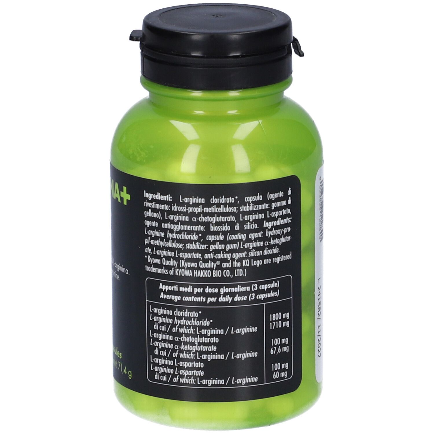 Bottiglia verde con tappo nero. Retro con testo. Contiene 90 capsule. Elenco ingredienti e informazioni nutrizionali.