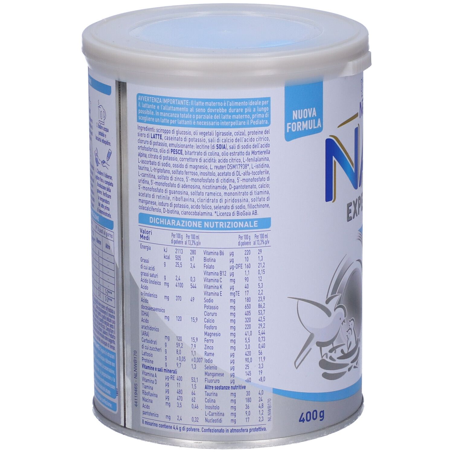 Retro del barattolo NAN Expertpro Senza Lattosio. Elenco ingredienti e informazioni nutrizionali. 400g.