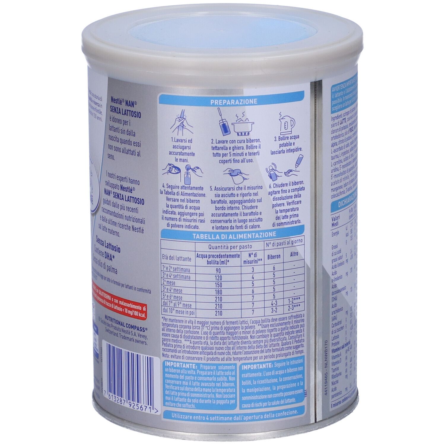 Retro del barattolo NAN Expertpro Senza Lattosio. Istruzioni per la preparazione e tabella di alimentazione. 400g.