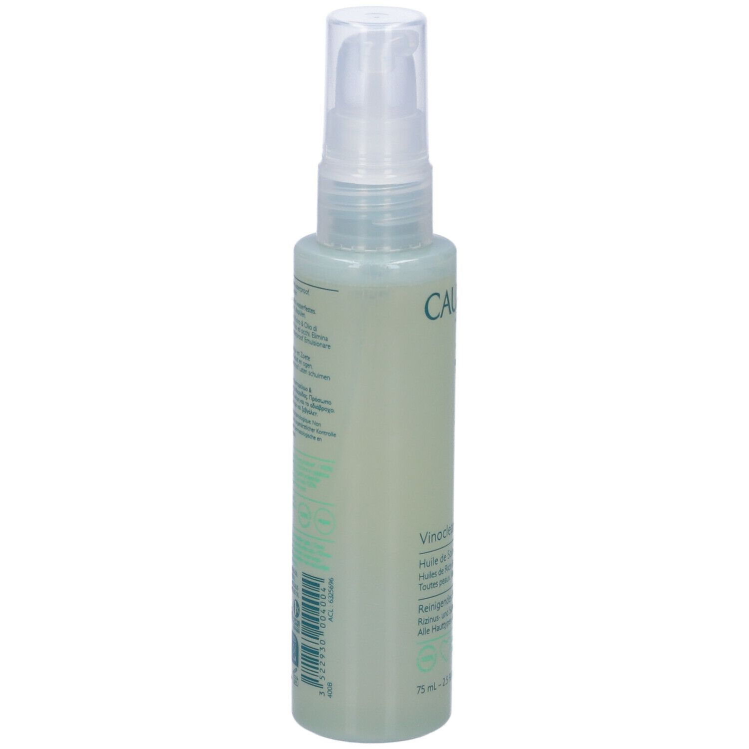 Caudalie Vinoclean Olio Trattante Struccante. Retro del flacone. Etichetta con testo, codice a barre e logo. Flacone trasparente con erogatore.